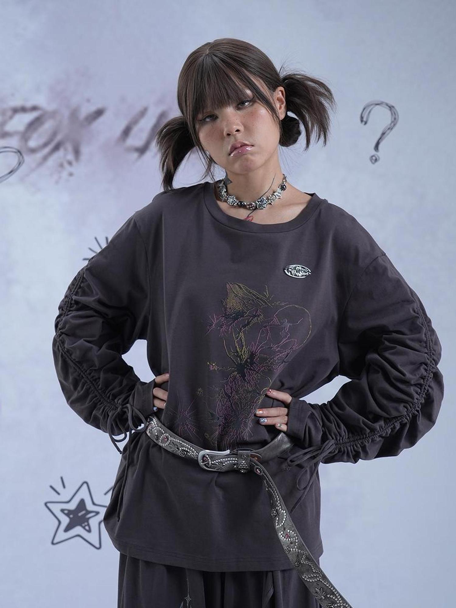 MOMSYCAN FOX LINE Reborn Self Y2K Loose Knit Sweater Dark Gray Artistic Print Drawstring Sleeves