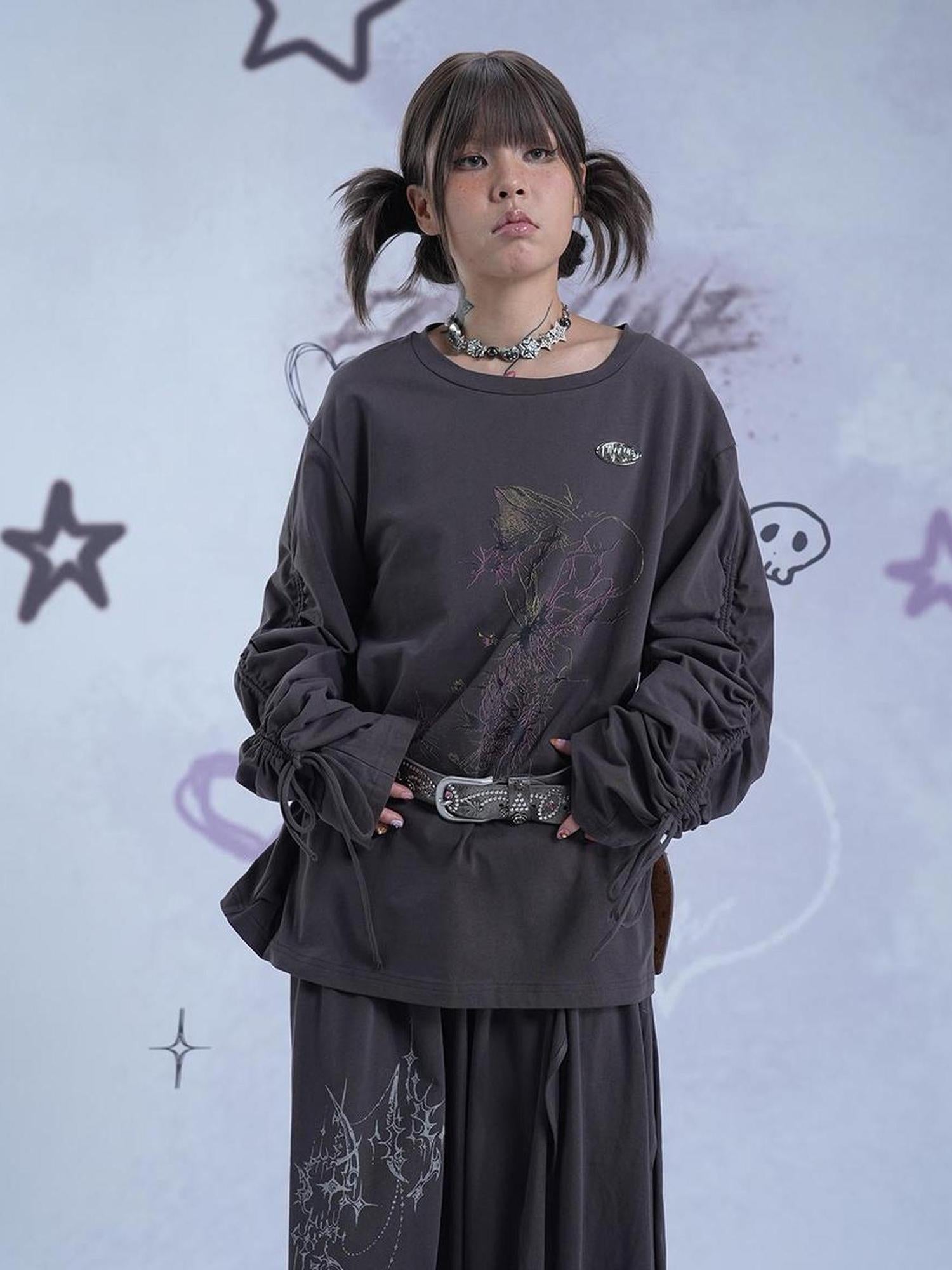 MOMSYCAN FOX LINE Reborn Self Y2K Loose Knit Sweater Dark Gray Artistic Print Drawstring Sleeves
