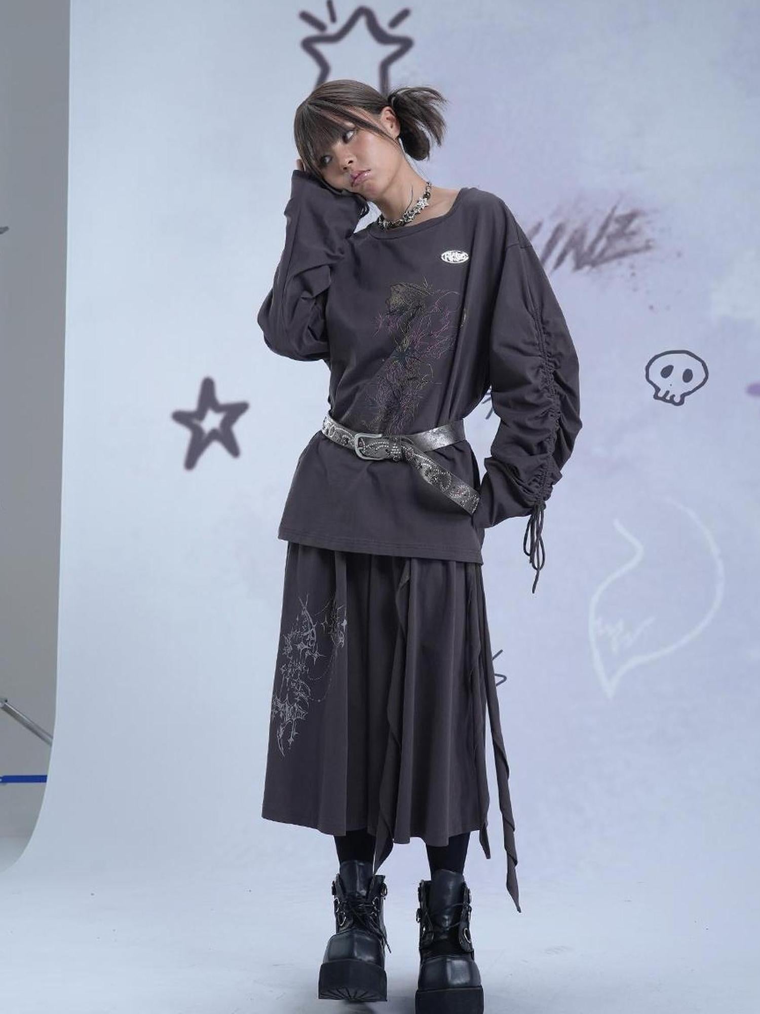 MOMSYCAN FOX LINE Reborn Self Y2K Loose Knit Sweater Dark Gray Artistic Print Drawstring Sleeves