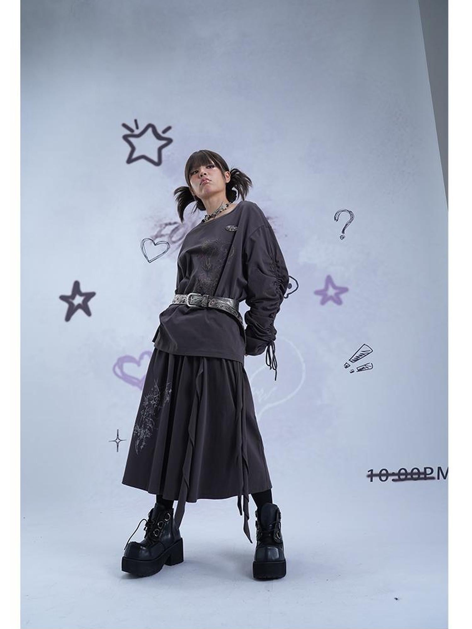 MOMSYCAN FOX LINE Reborn Self Y2K Loose Knit Sweater Dark Gray Artistic Print Drawstring Sleeves