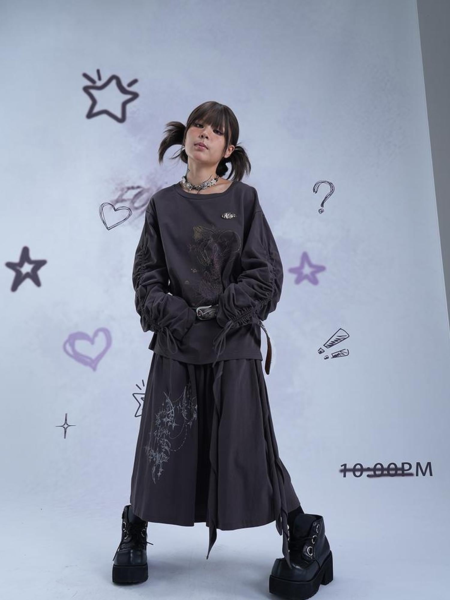 MOMSYCAN FOX LINE Reborn Self Y2K Loose Knit Sweater Dark Gray Artistic Print Drawstring Sleeves