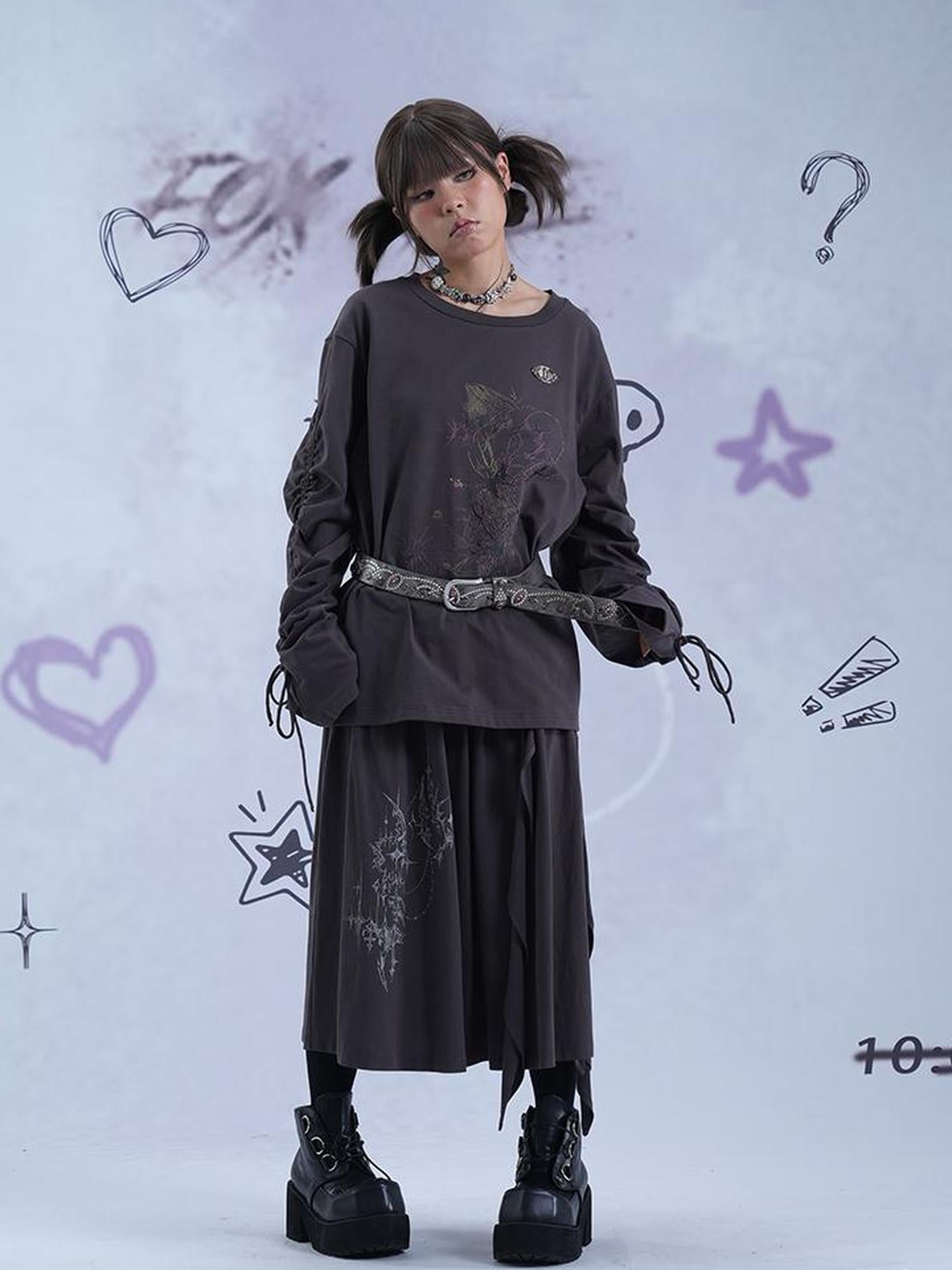 MOMSYCAN FOX LINE Reborn Self Y2K Loose Knit Sweater Dark Gray Artistic Print Drawstring Sleeves