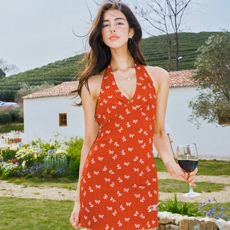 Update Anti Being General Red Bow V-Neck Sleeveless Halter Dress