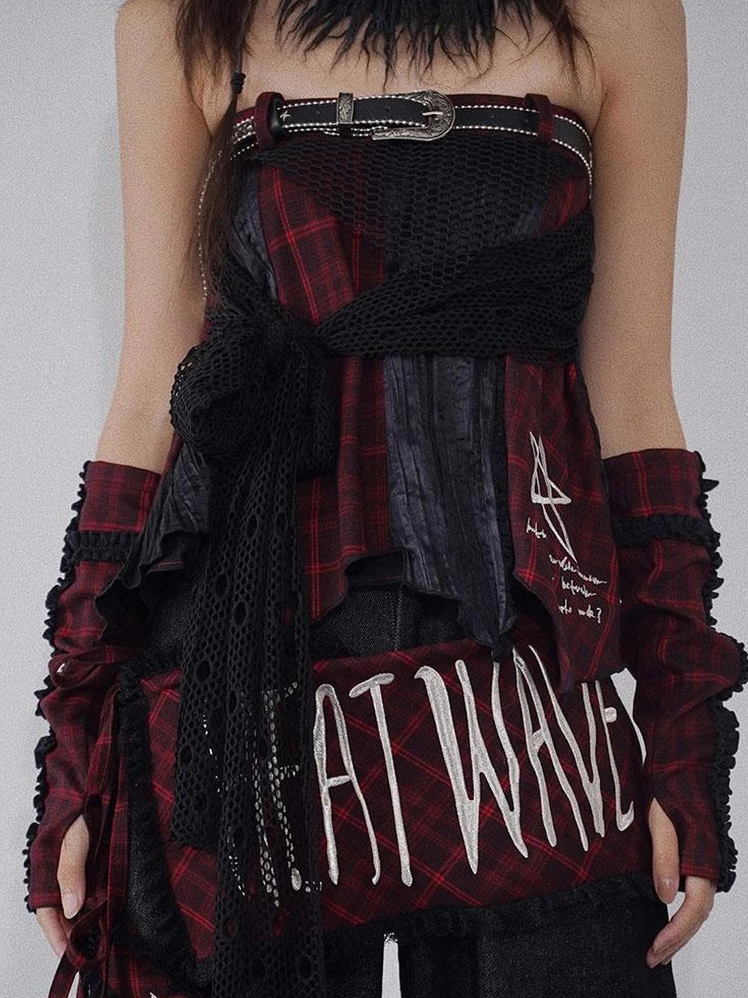 Red Black Asymmetrical Plaid Layered Mini Skirt