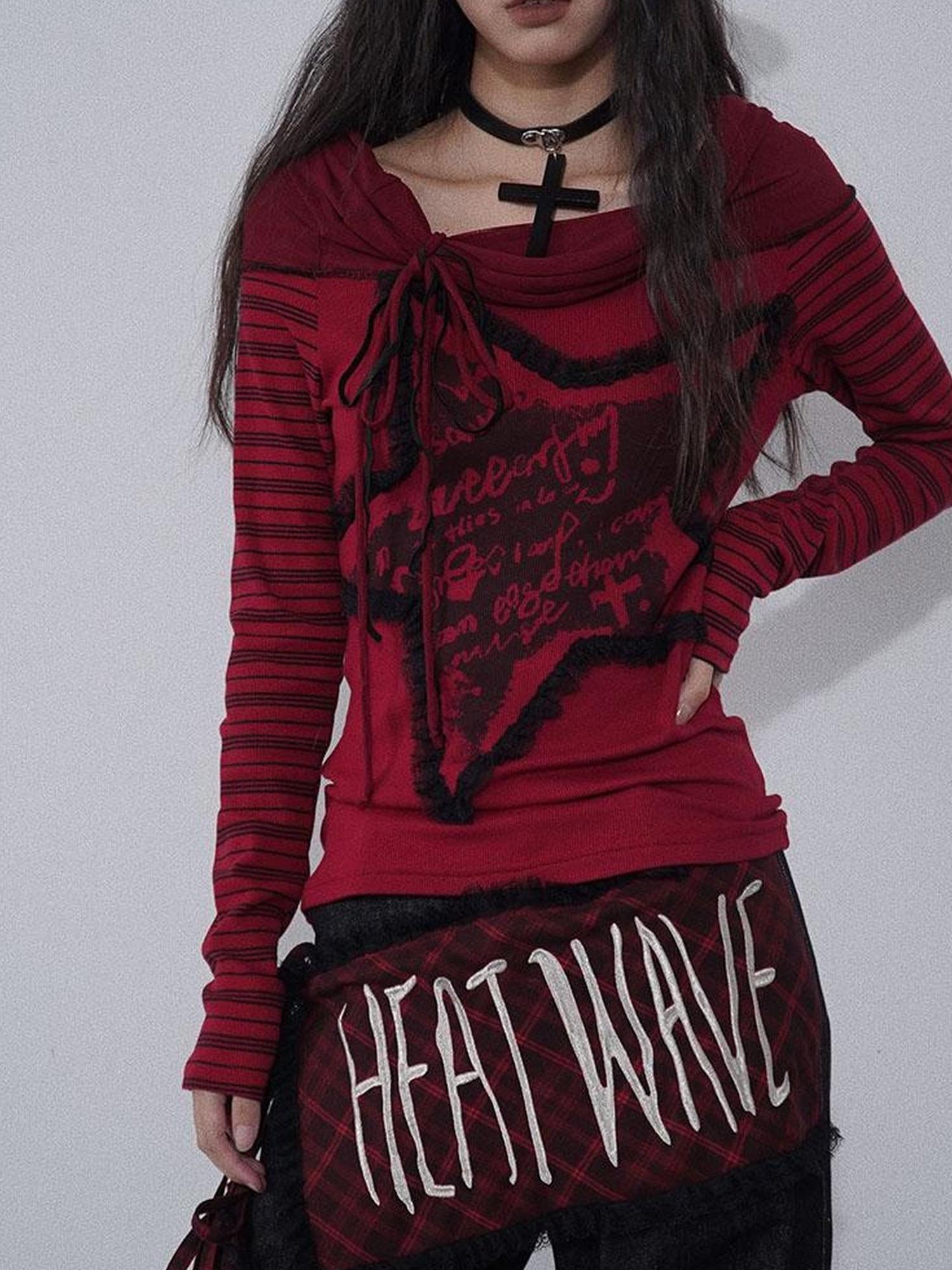 WSW WUSHENWU Red Black Plaid Torn Knit Top