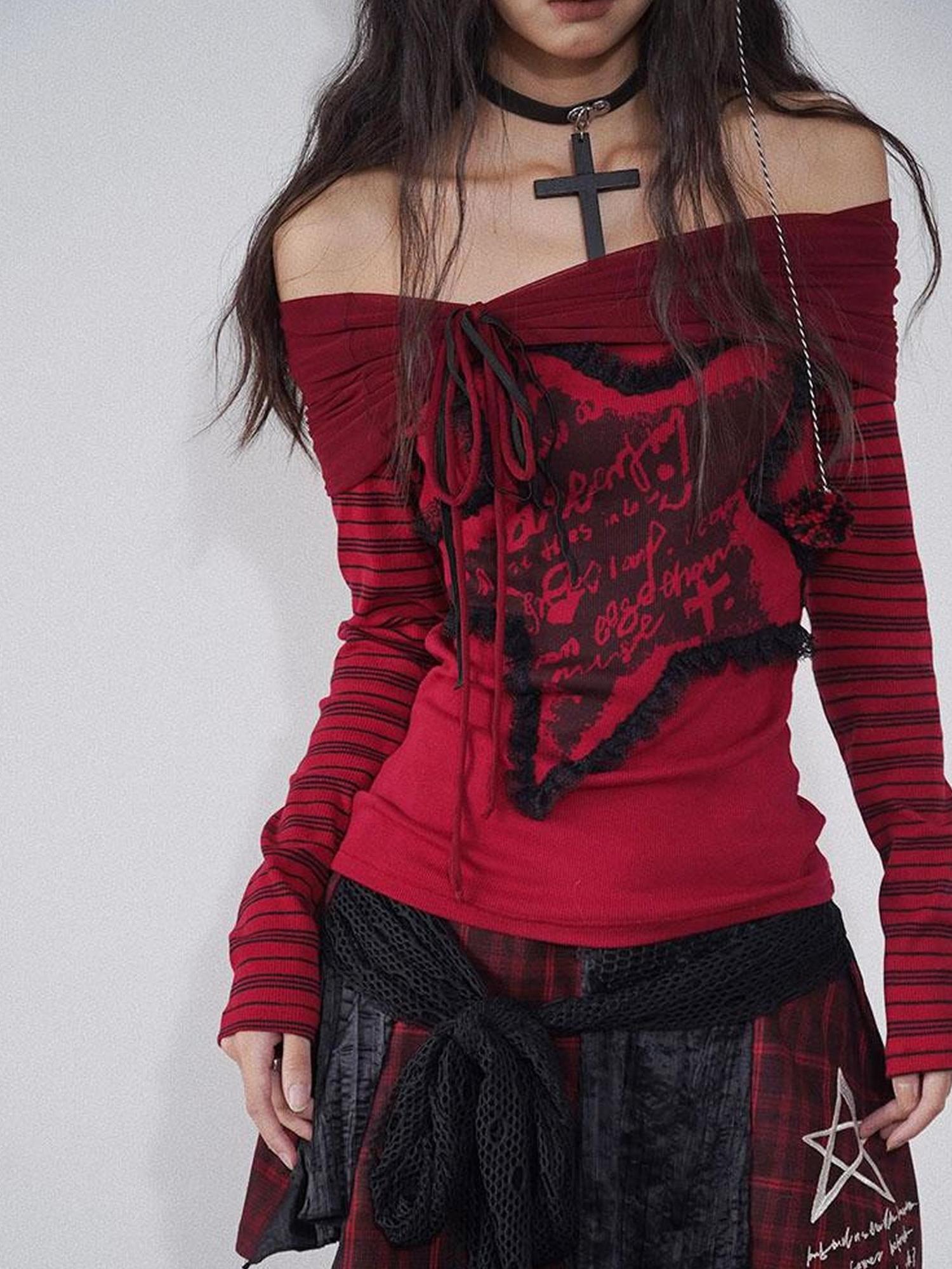 WSW WUSHENWU Red Black Plaid Torn Knit Top