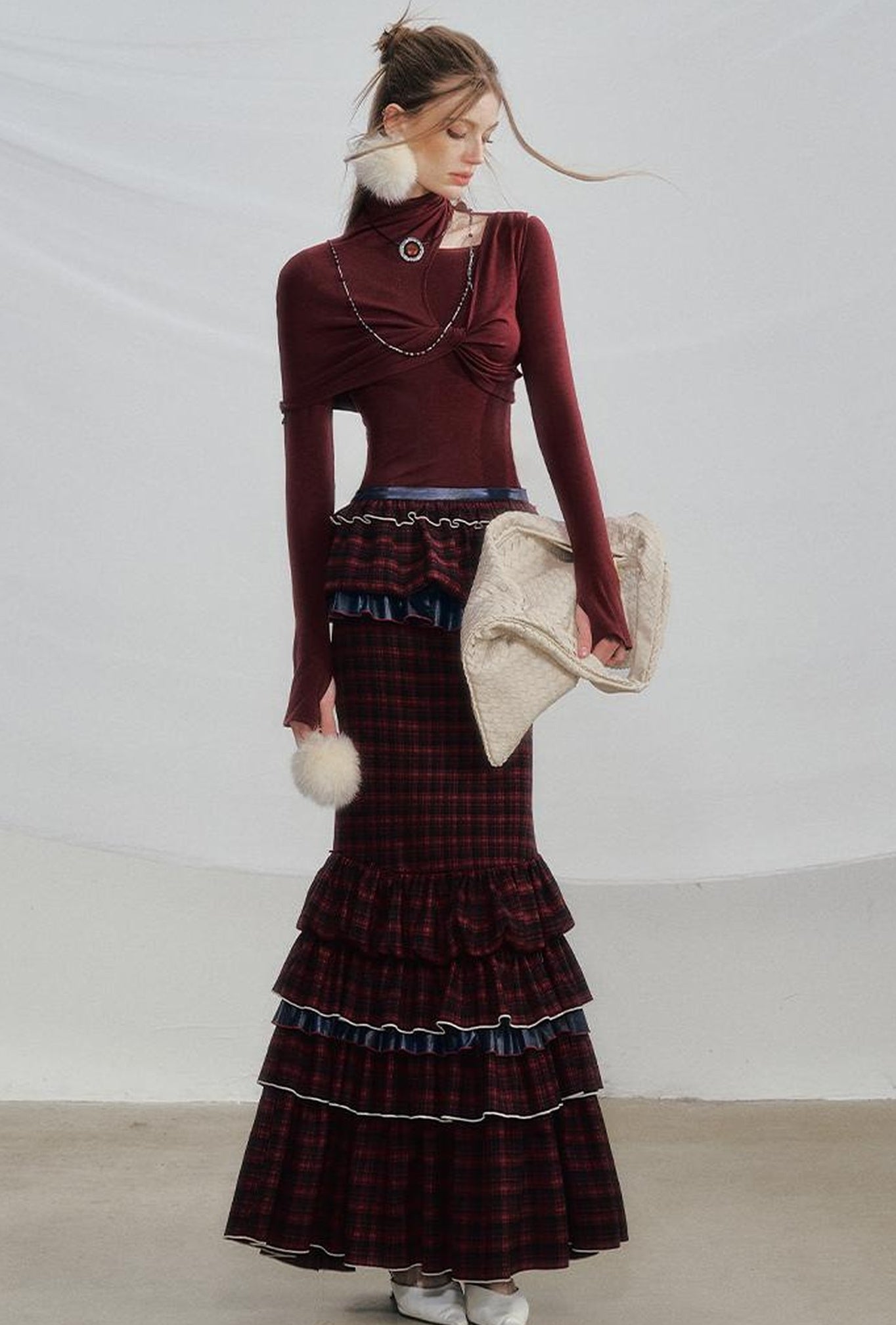 OfAkiva Red Blue Plaid Reversible Mermaid Tiered Skirt Christmas