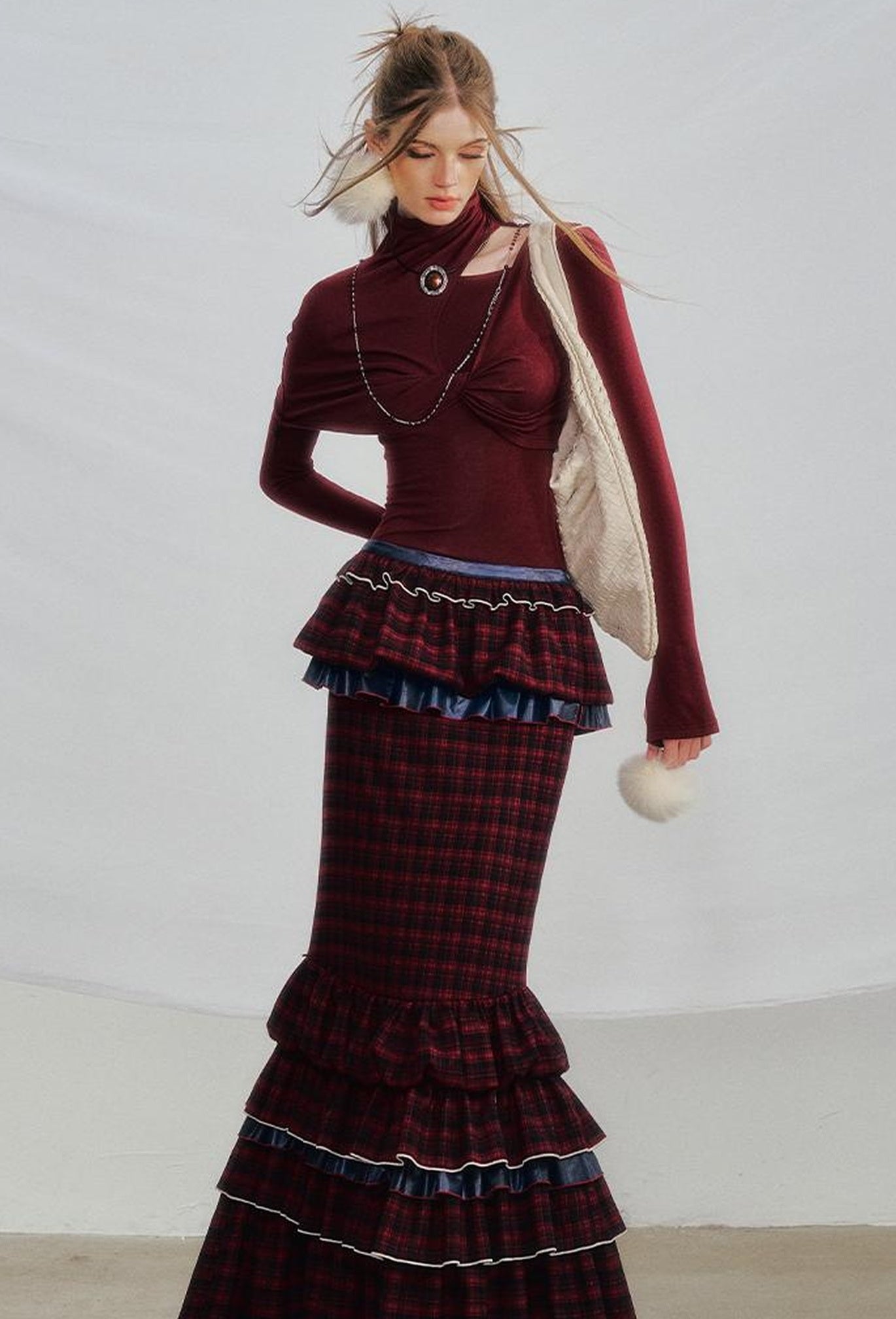 OfAkiva Red Blue Plaid Reversible Mermaid Tiered Skirt Christmas
