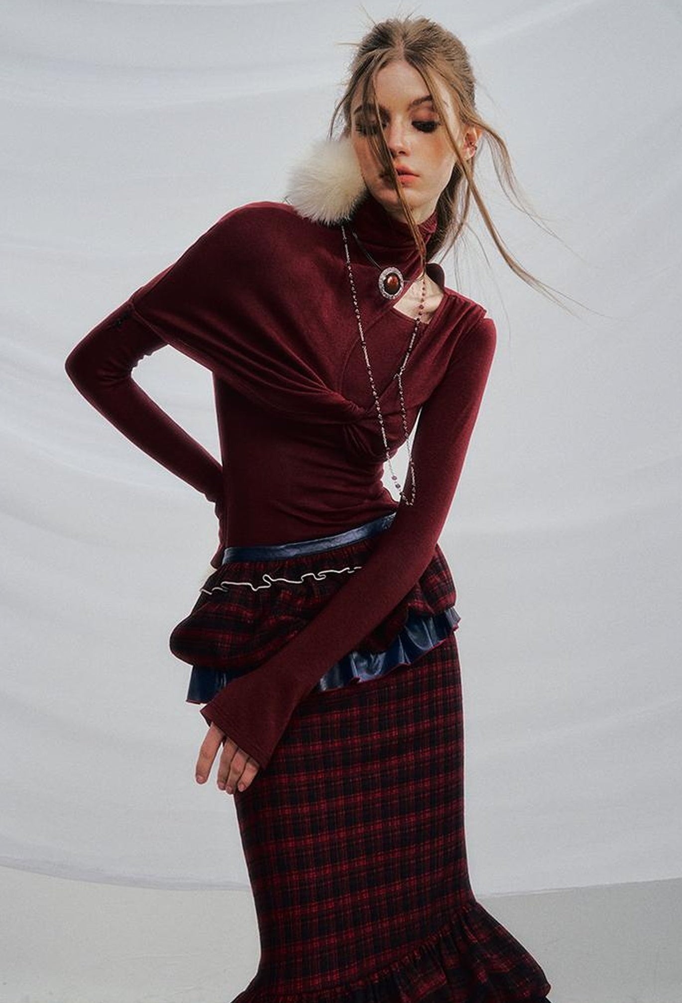 OfAkiva Red Blue Plaid Reversible Mermaid Tiered Skirt Christmas