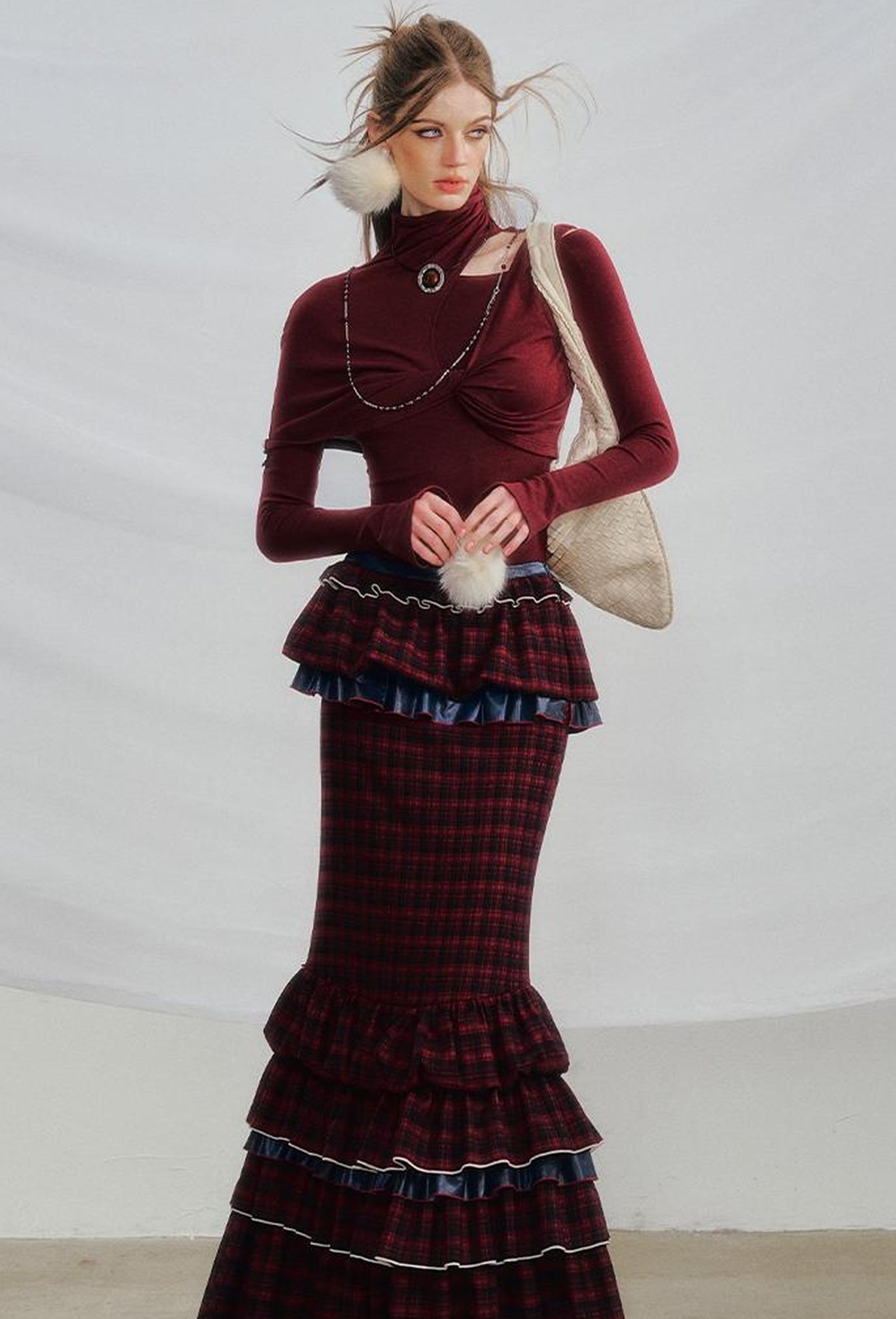 OfAkiva Red Blue Plaid Reversible Mermaid Tiered Skirt Christmas