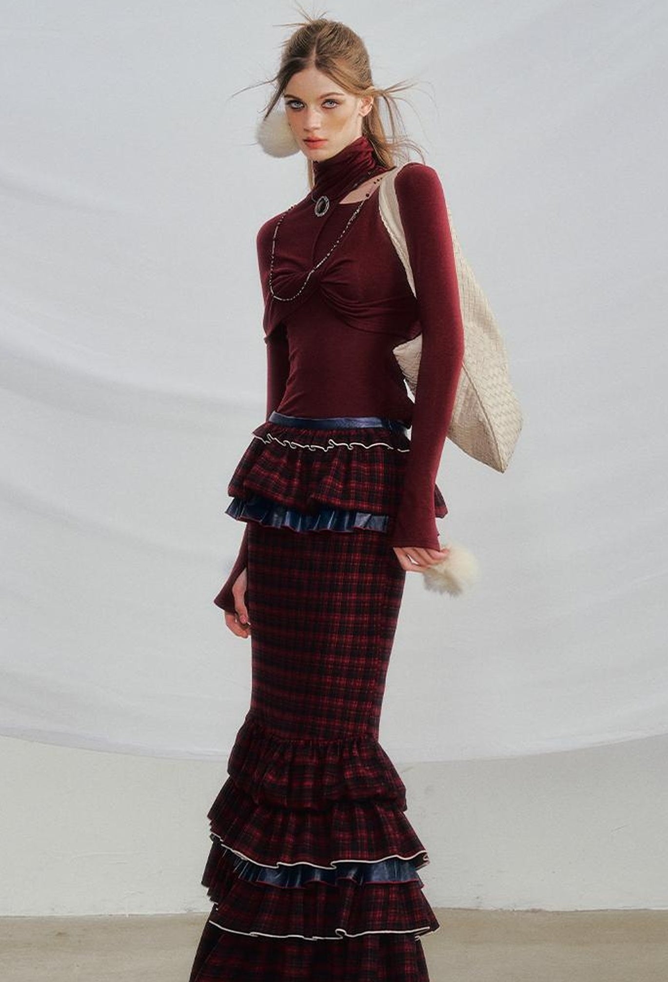 OfAkiva Red Blue Plaid Reversible Mermaid Tiered Skirt Christmas