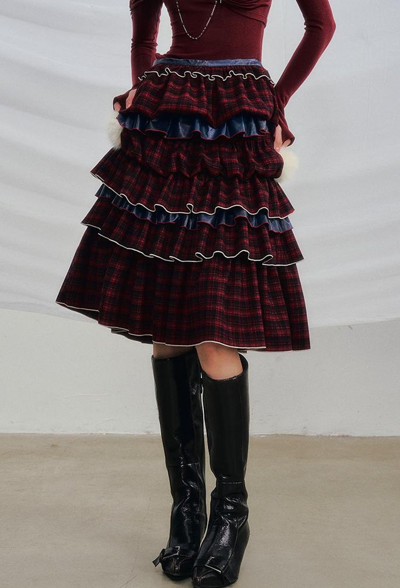 OfAkiva Red Blue Plaid Reversible Mermaid Tiered Skirt Christmas