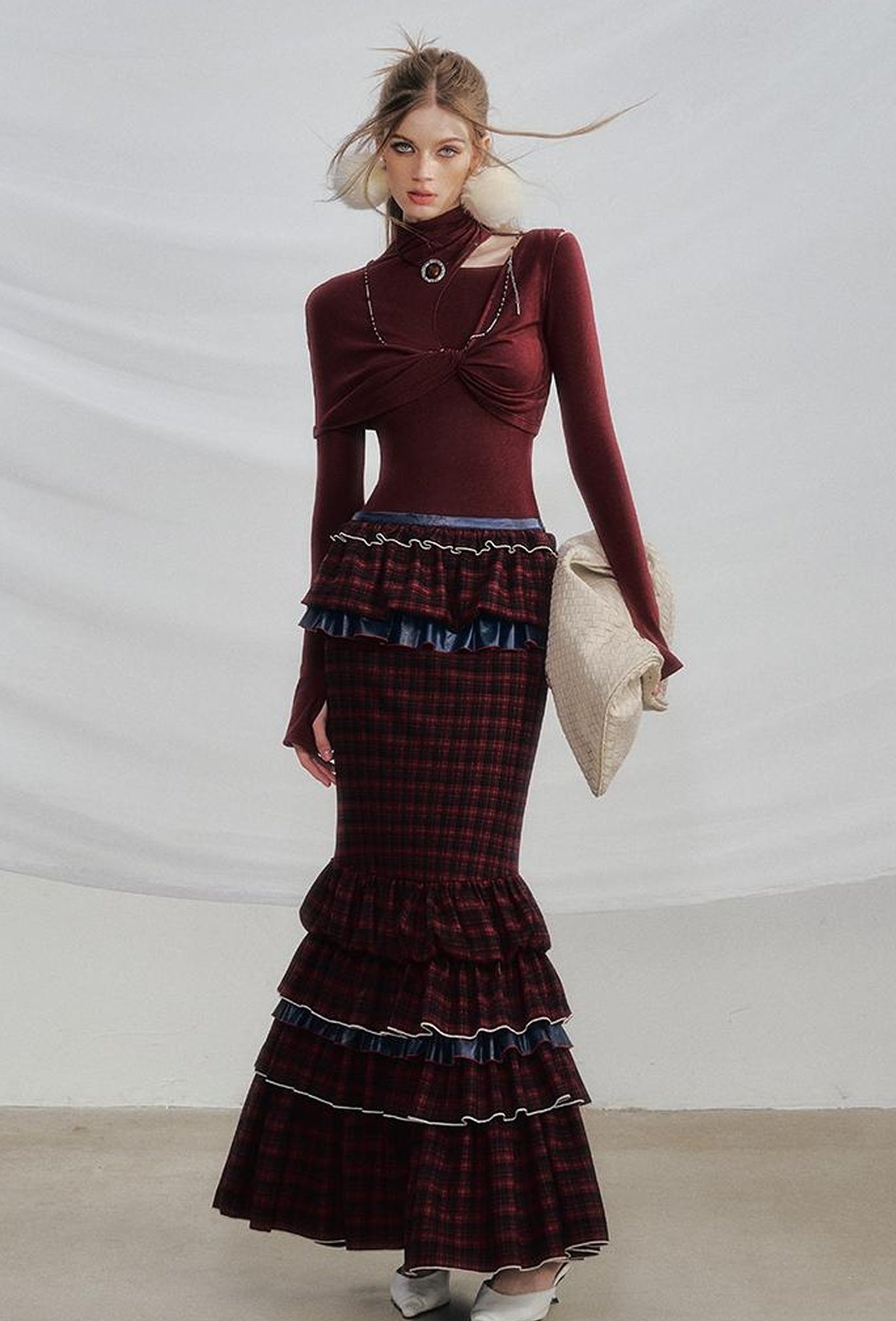 OfAkiva Red Blue Plaid Reversible Mermaid Tiered Skirt Christmas