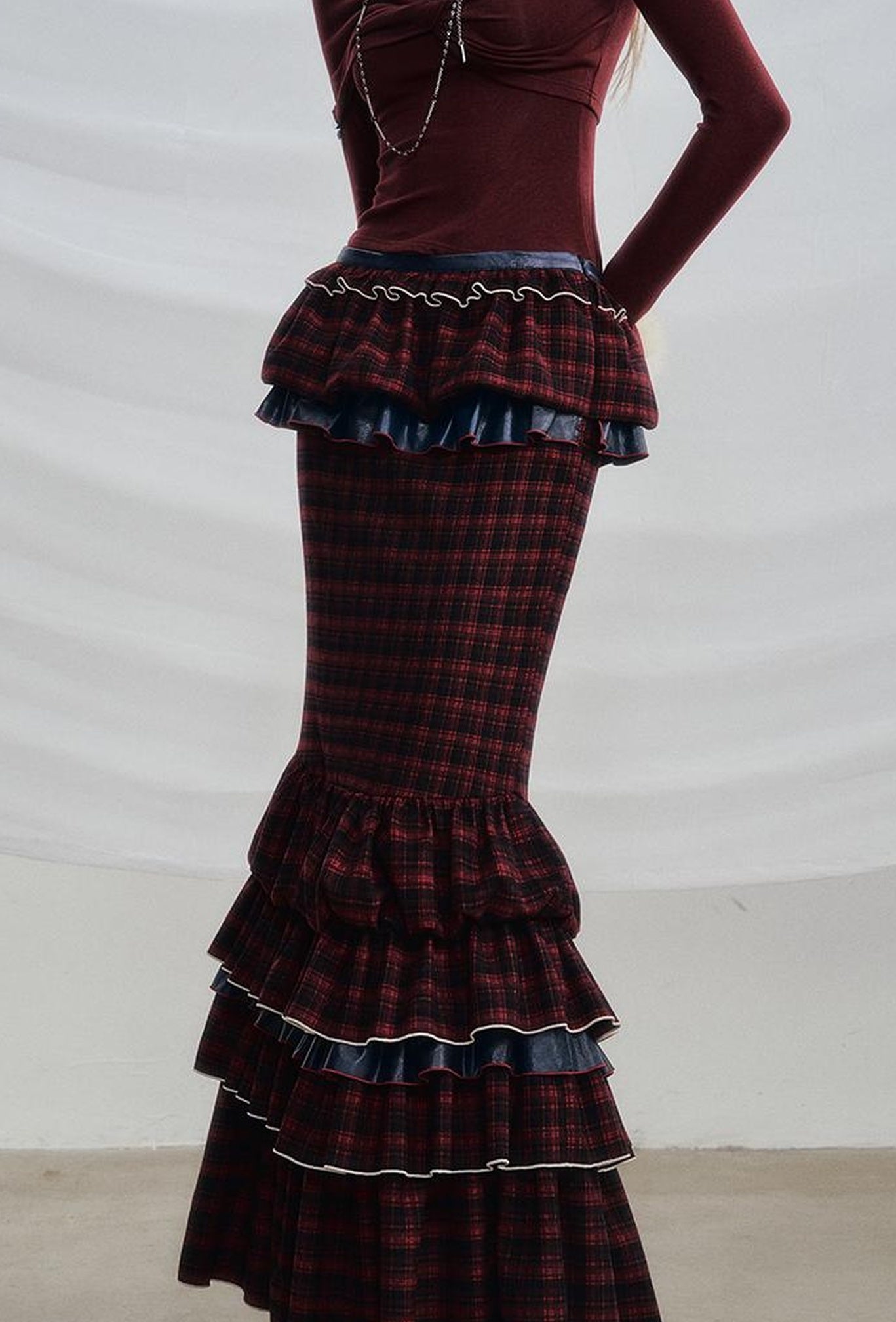 OfAkiva Red Blue Plaid Reversible Mermaid Tiered Skirt Christmas