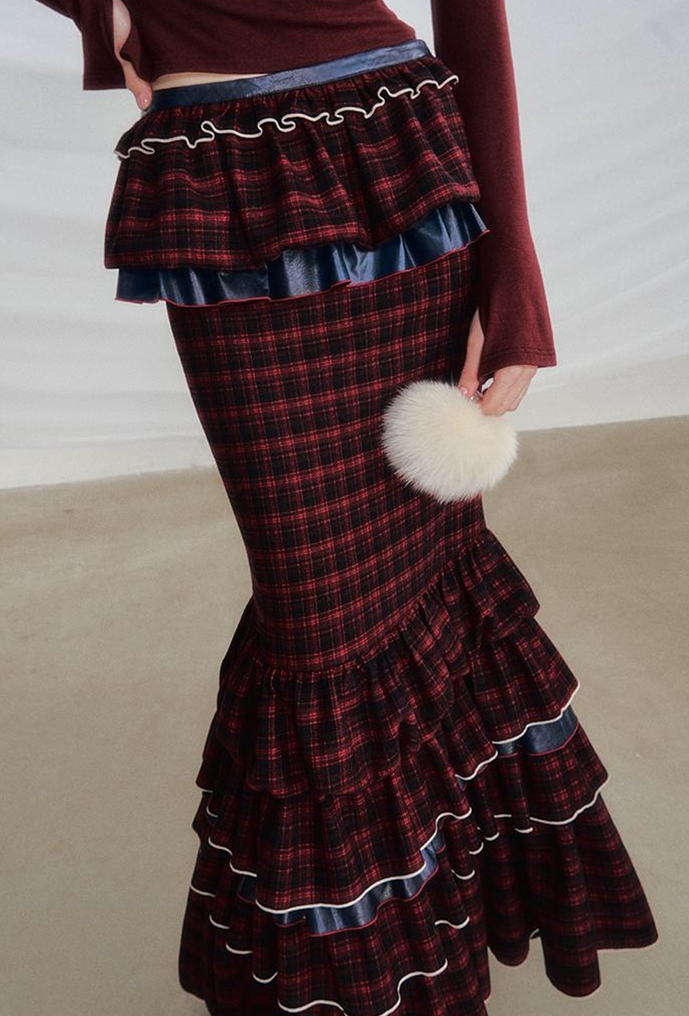 OfAkiva Red Blue Plaid Reversible Mermaid Tiered Skirt Christmas