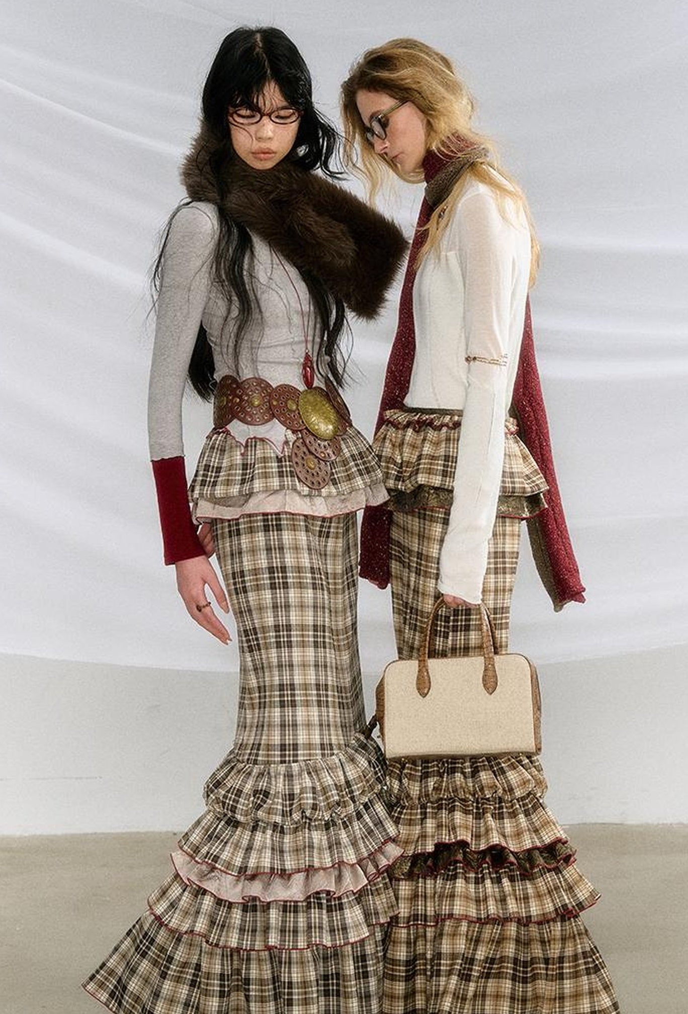 OfAkiva Red Blue Plaid Reversible Mermaid Tiered Skirt Christmas