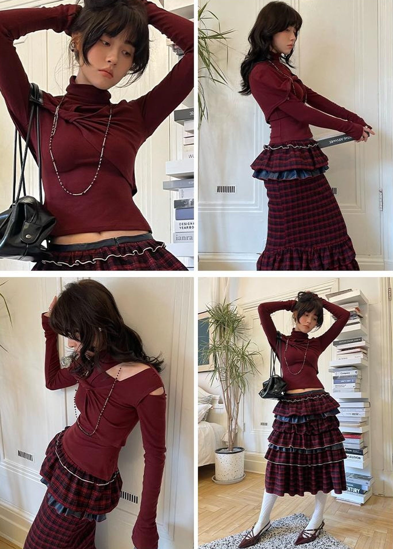 OfAkiva Red Blue Plaid Reversible Mermaid Tiered Skirt Christmas