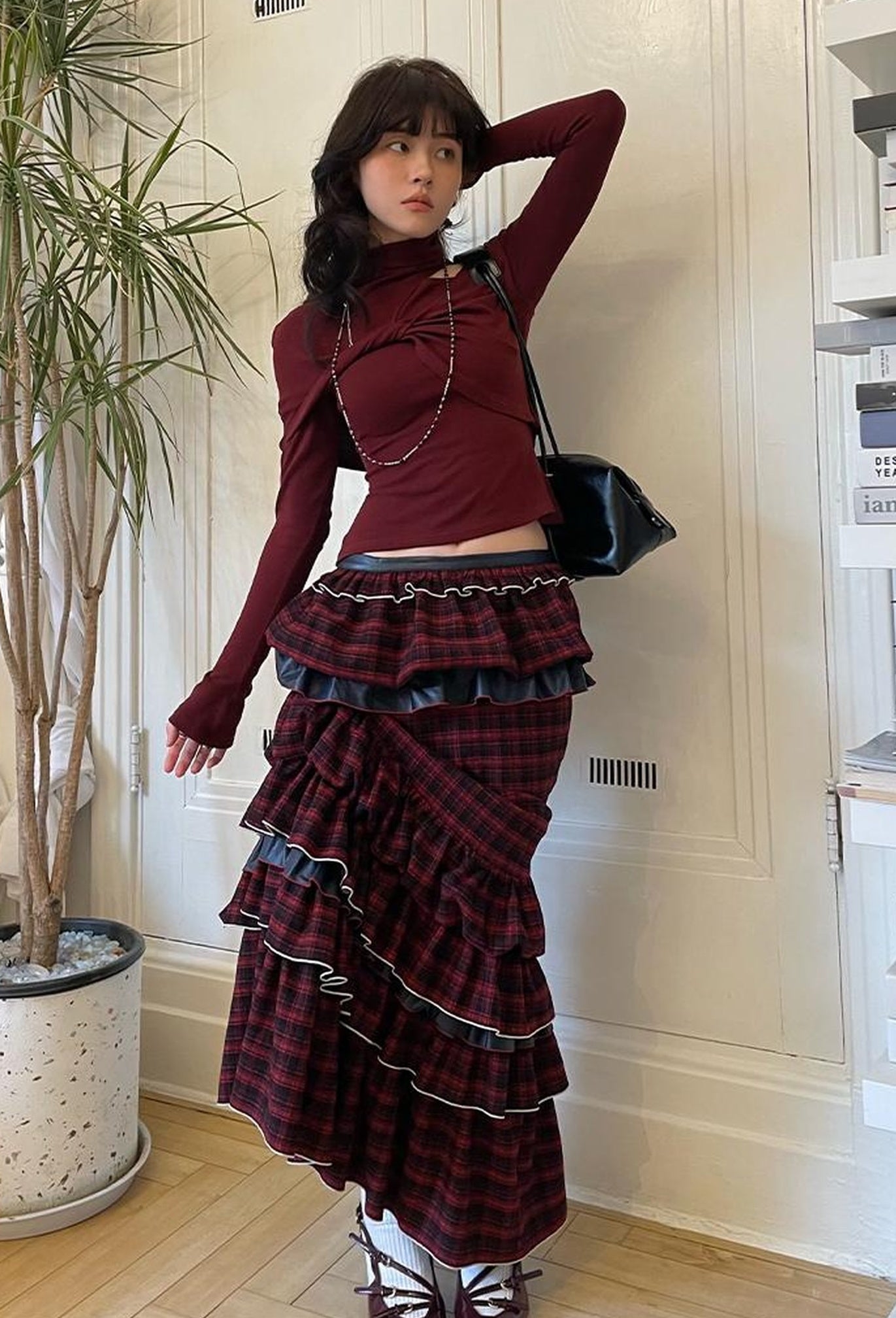 OfAkiva Red Blue Plaid Reversible Mermaid Tiered Skirt Christmas