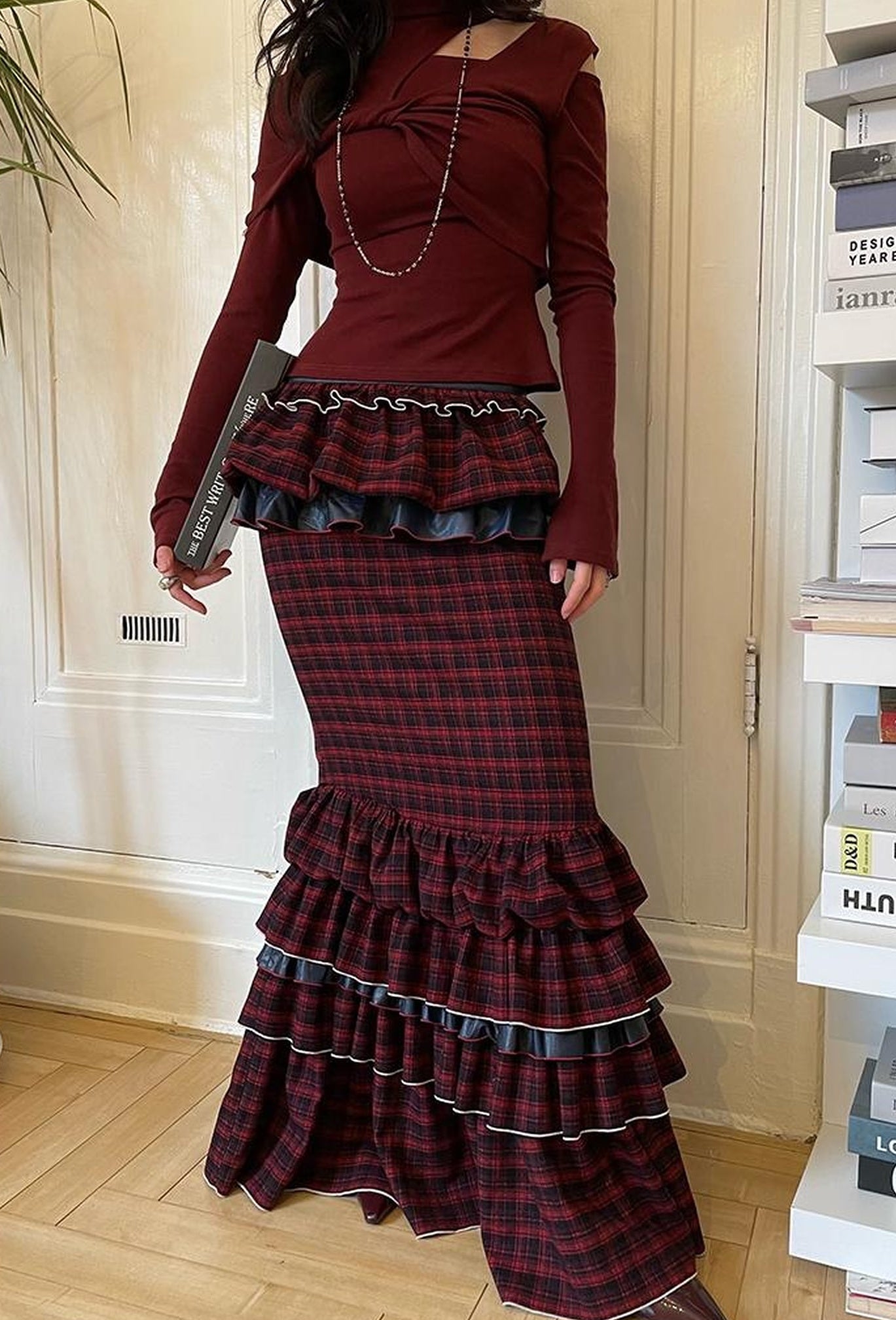 OfAkiva Red Blue Plaid Reversible Mermaid Tiered Skirt Christmas