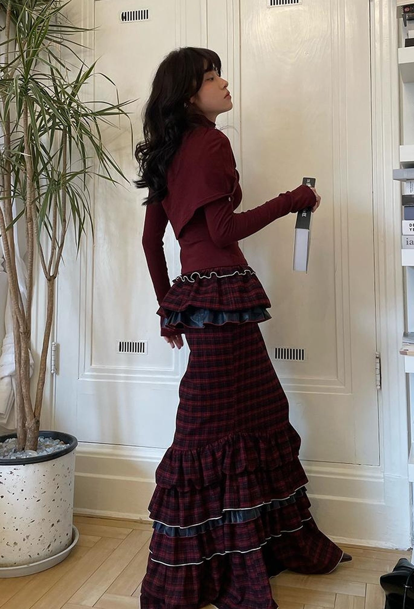 OfAkiva Red Blue Plaid Reversible Mermaid Tiered Skirt Christmas