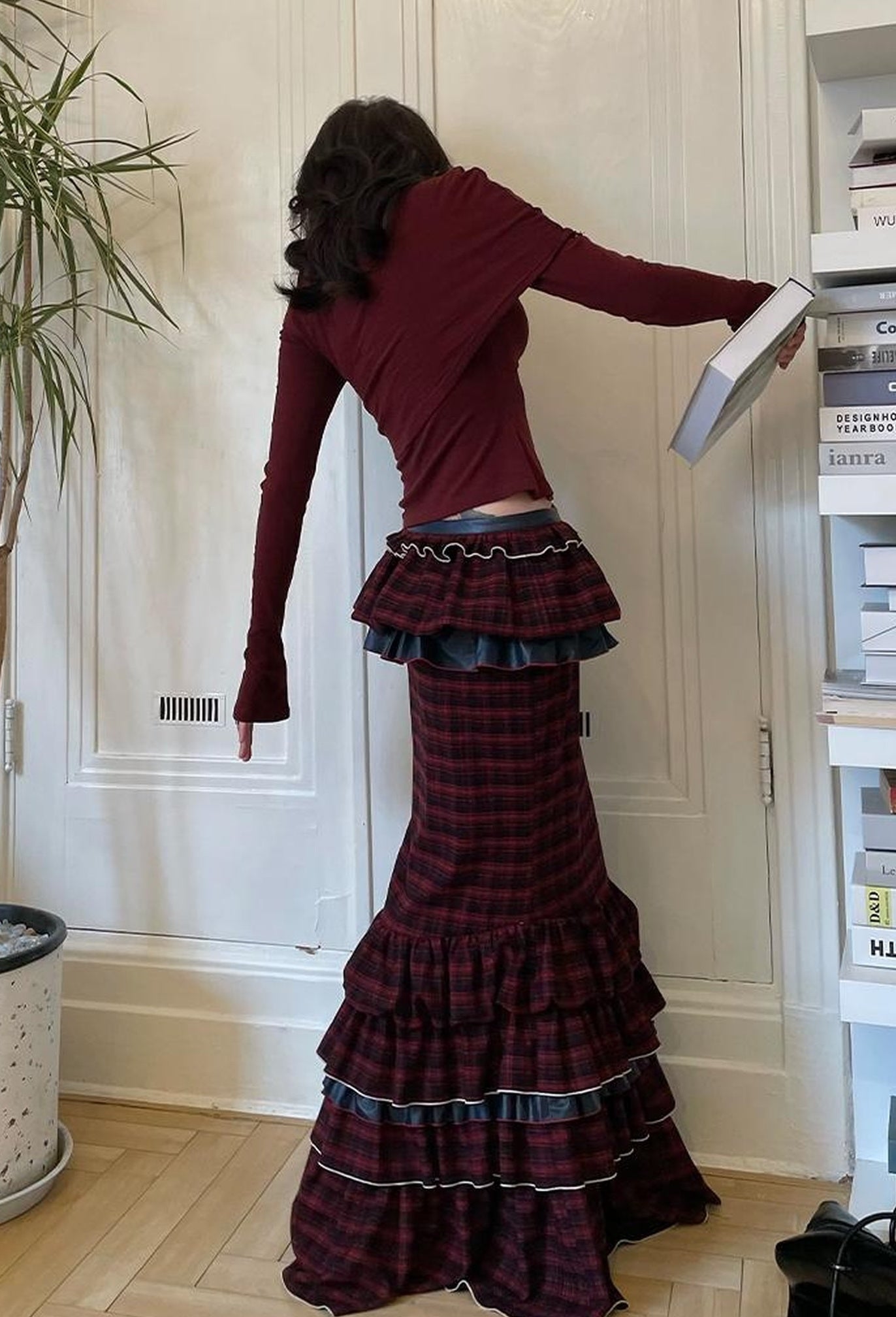 OfAkiva Red Blue Plaid Reversible Mermaid Tiered Skirt Christmas