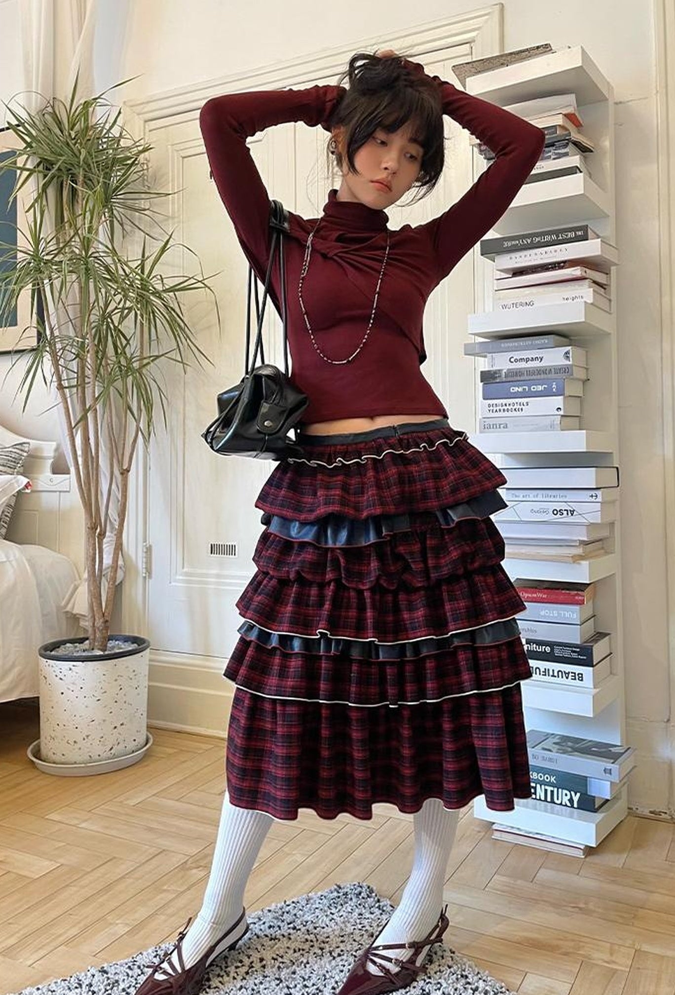 OfAkiva Red Blue Plaid Reversible Mermaid Tiered Skirt Christmas