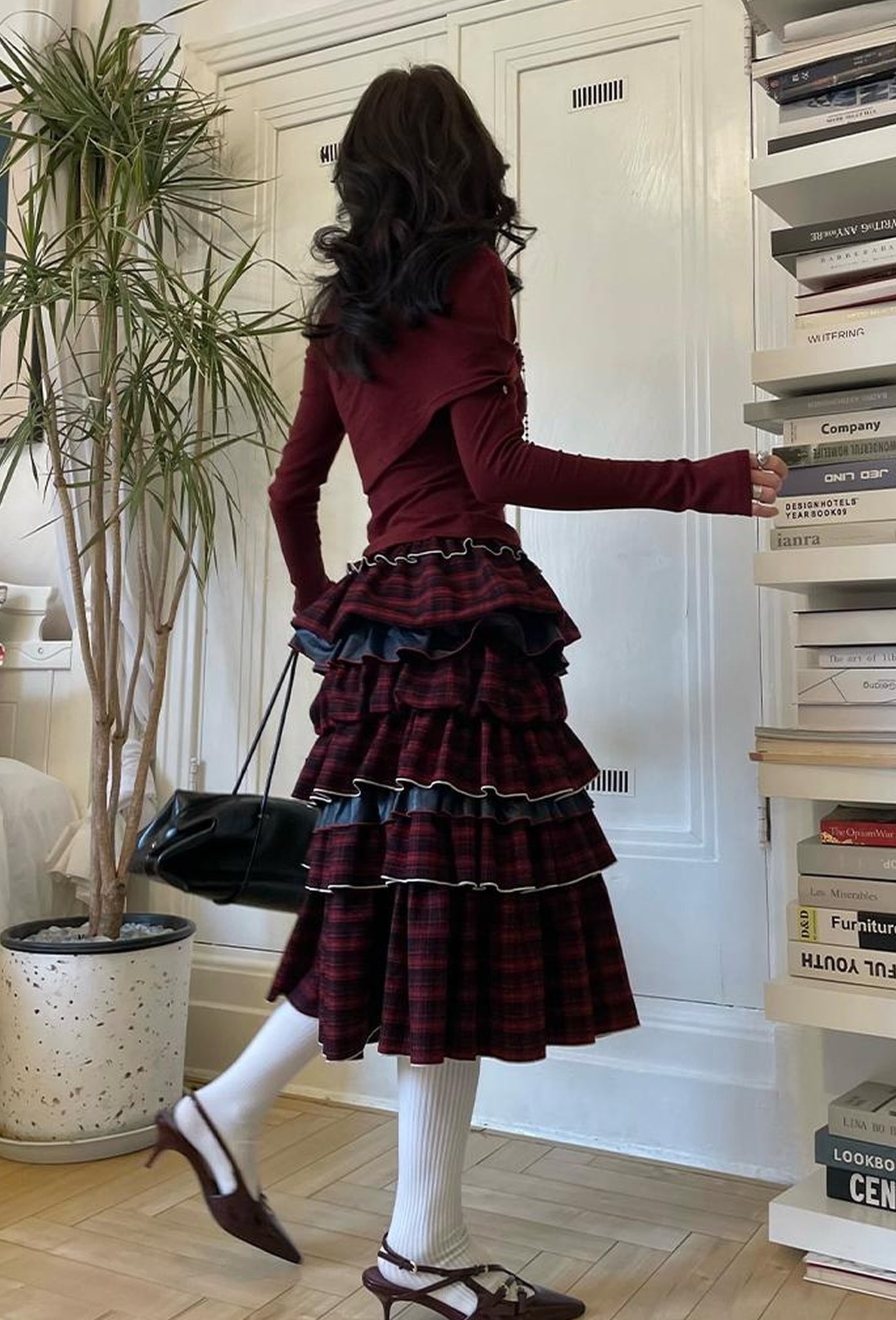 OfAkiva Red Blue Plaid Reversible Mermaid Tiered Skirt Christmas