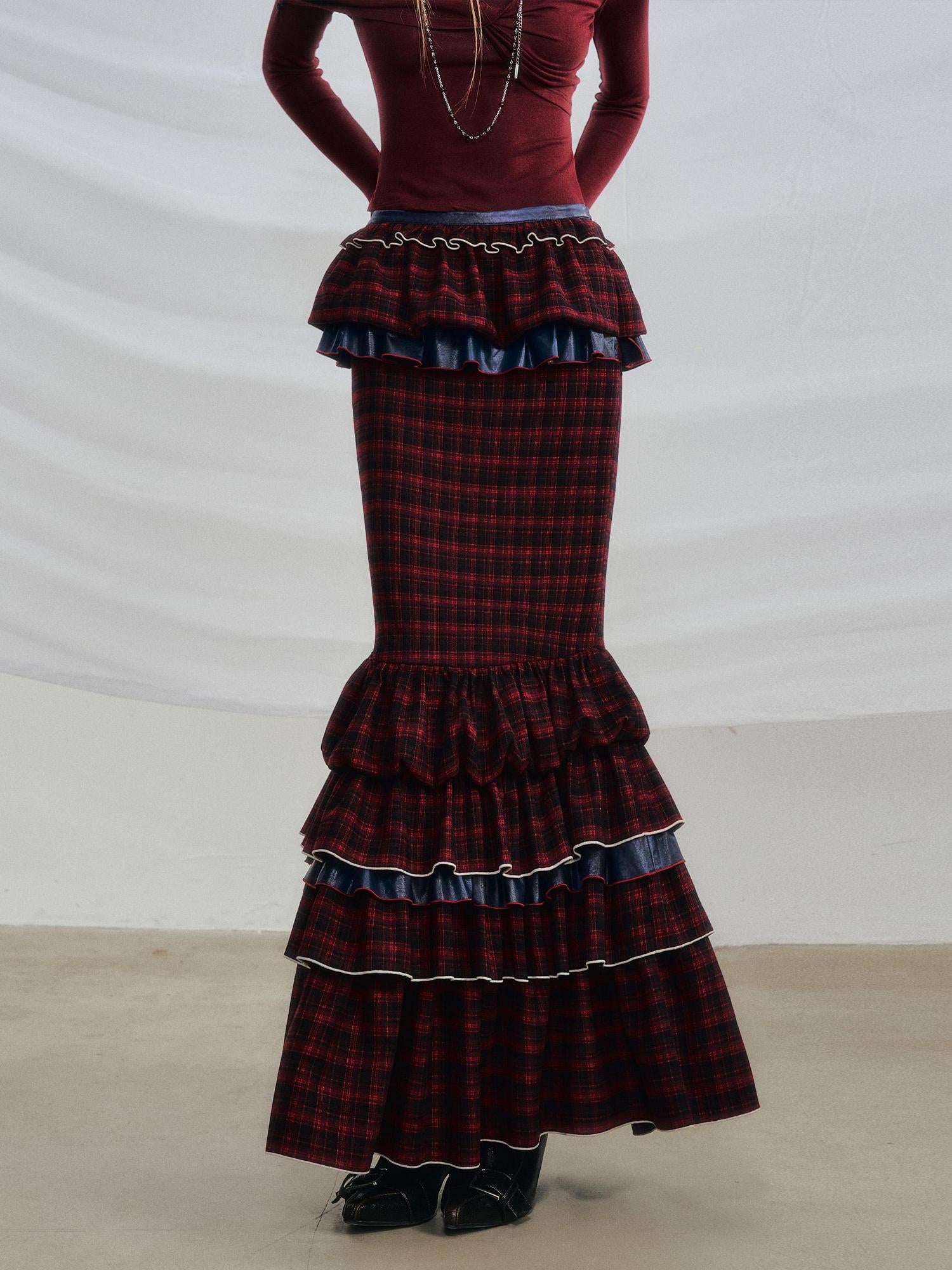 OfAkiva Red Blue Plaid Reversible Mermaid Tiered Skirt Christmas