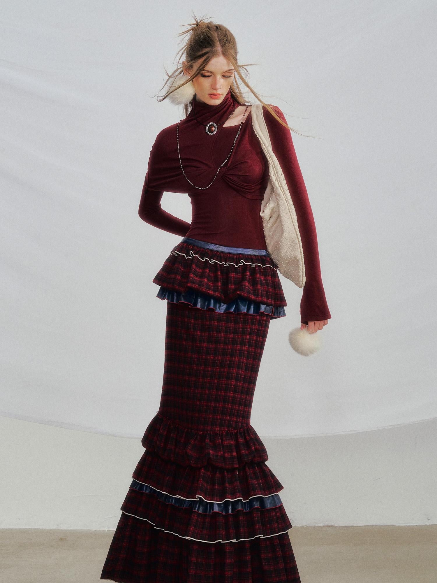 OfAkiva Red Blue Plaid Reversible Mermaid Tiered Skirt Christmas