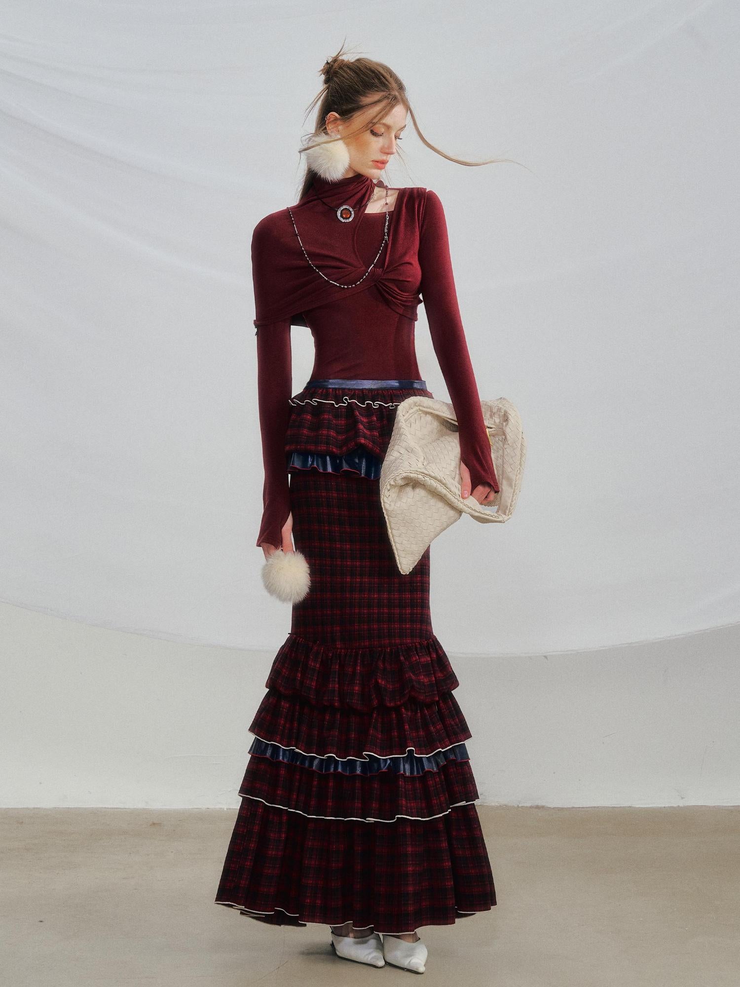 OfAkiva Red Blue Plaid Reversible Mermaid Tiered Skirt Christmas