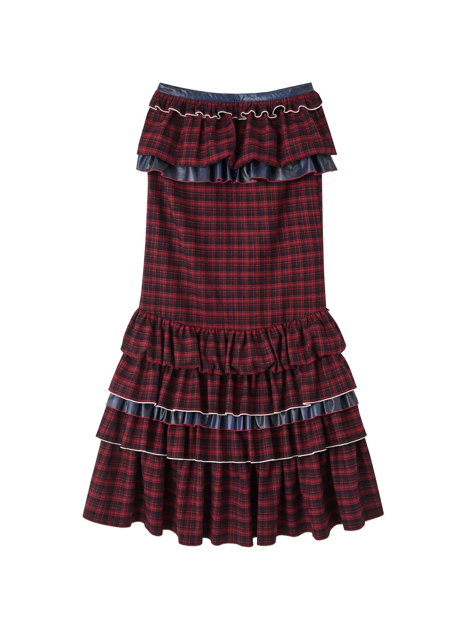 OfAkiva Red Blue Plaid Reversible Mermaid Tiered Skirt Christmas