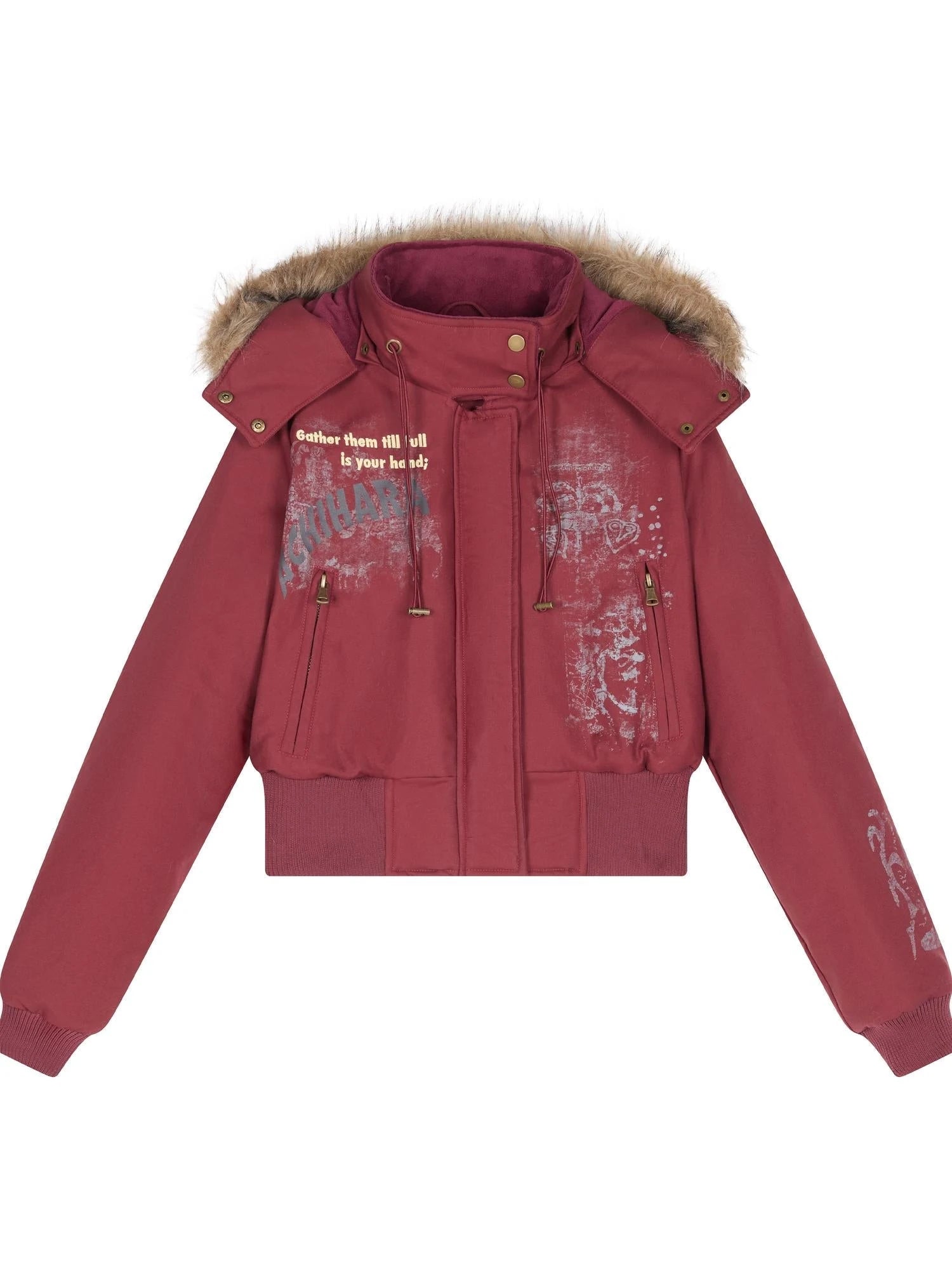 Vintage Han Stone Print Detachable Hood Puffer