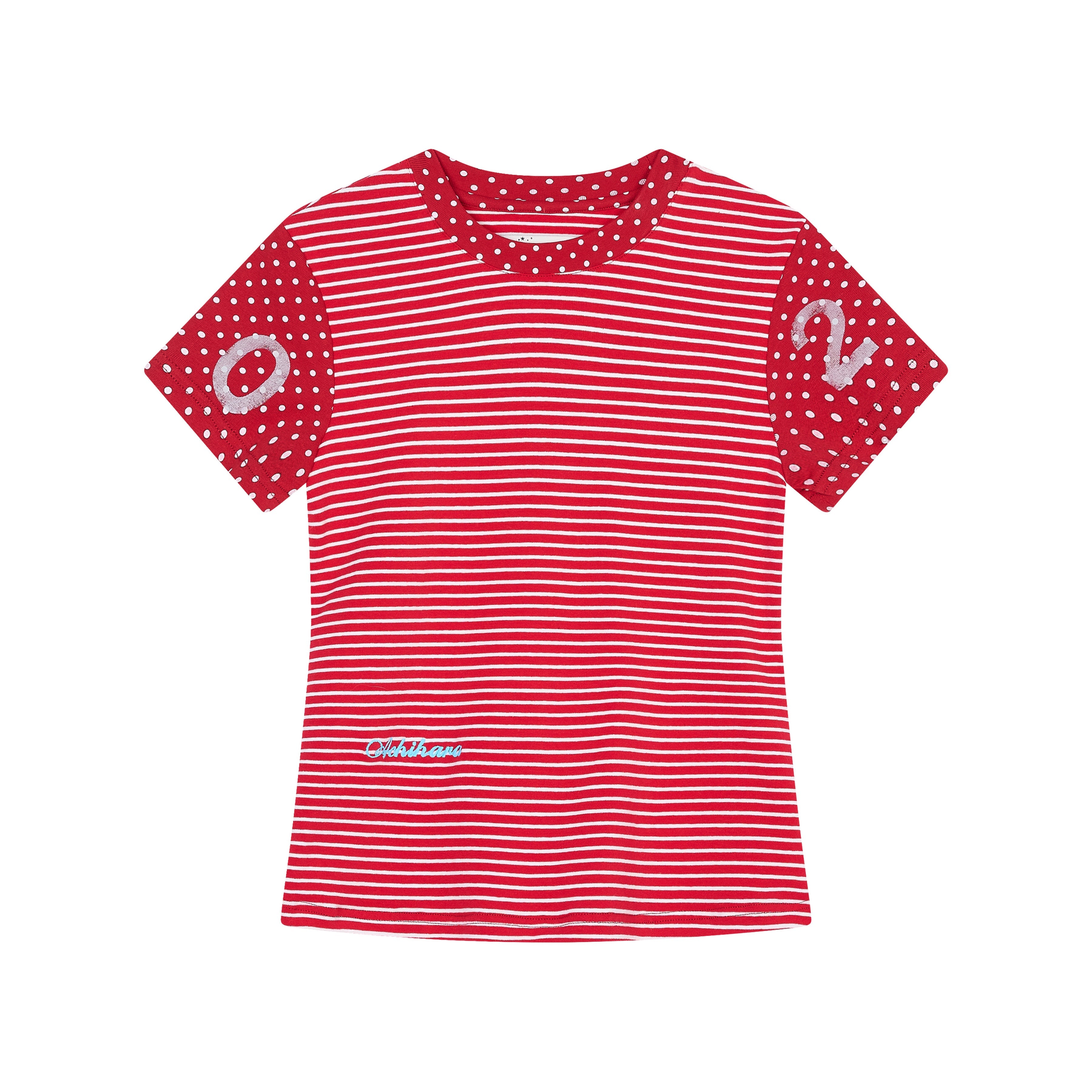 Achihara Fault Stripe Dot Print Tee Retro Vintage Style Cotton Blend