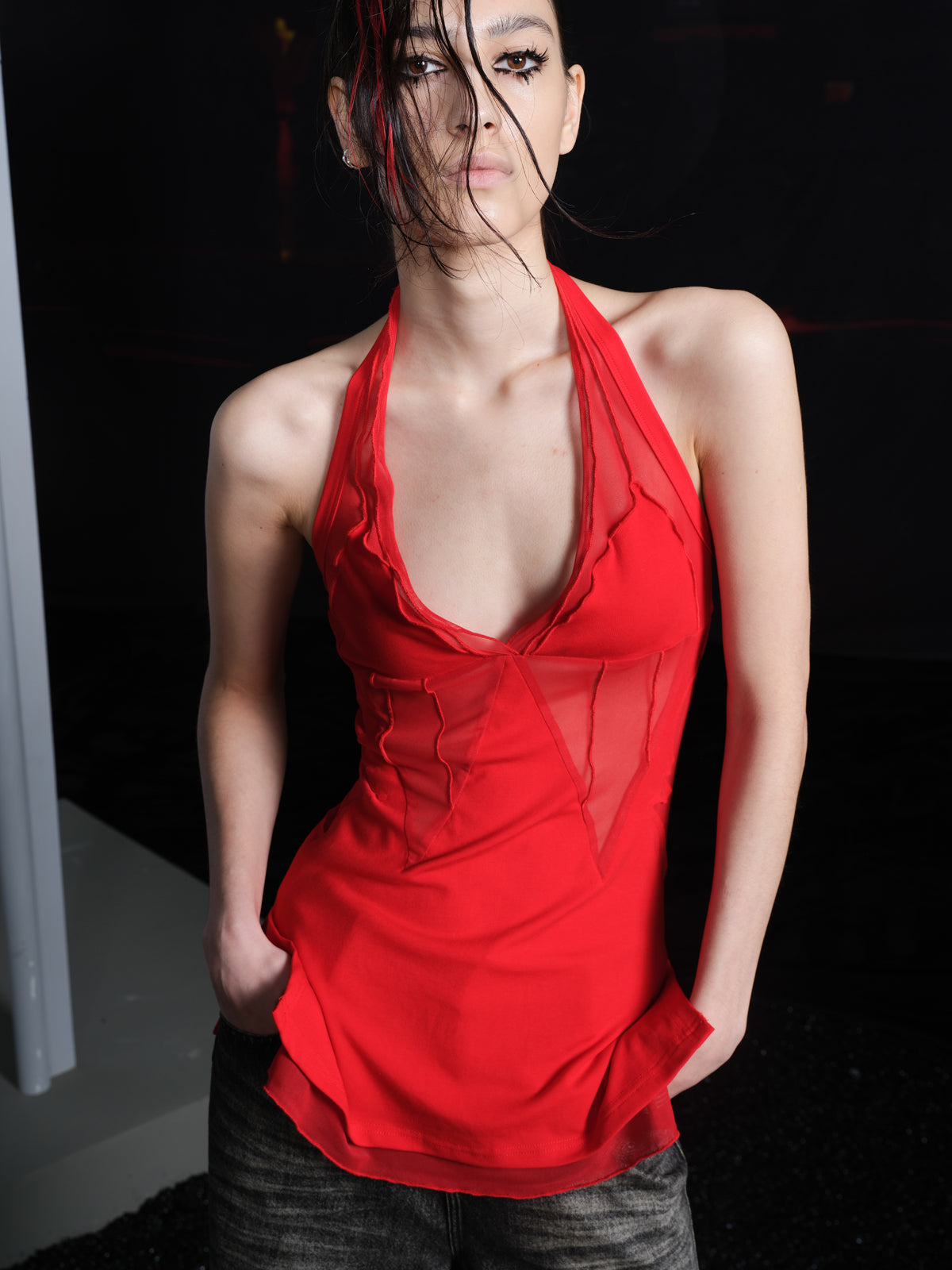 UpdateNN NORTH NODE Red Mesh Halter Top And Culottes Set