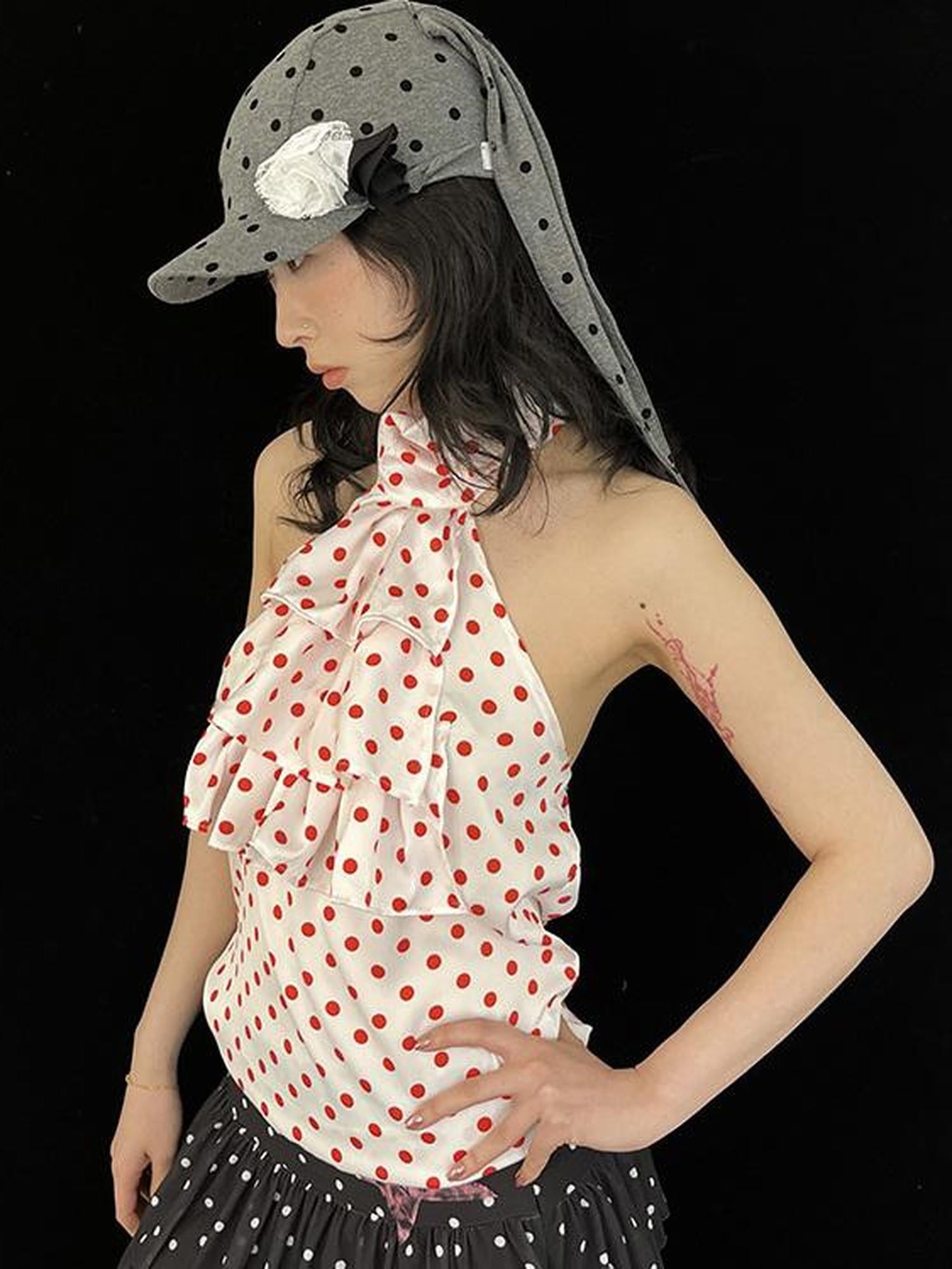 Ttsunami Red White Polka Dot Summer Backless Halter Camisole Top