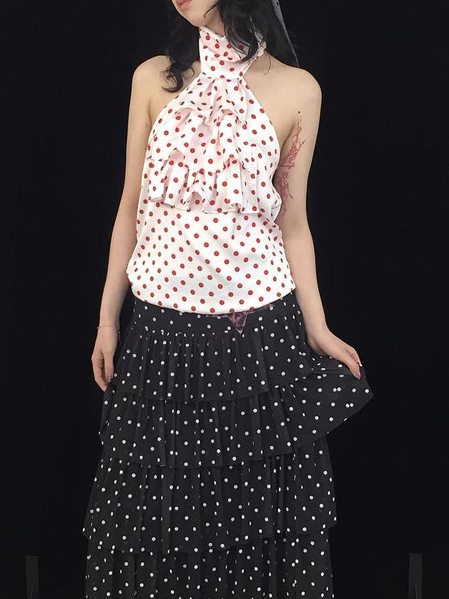 Ttsunami Red White Polka Dot Summer Backless Halter Camisole Top