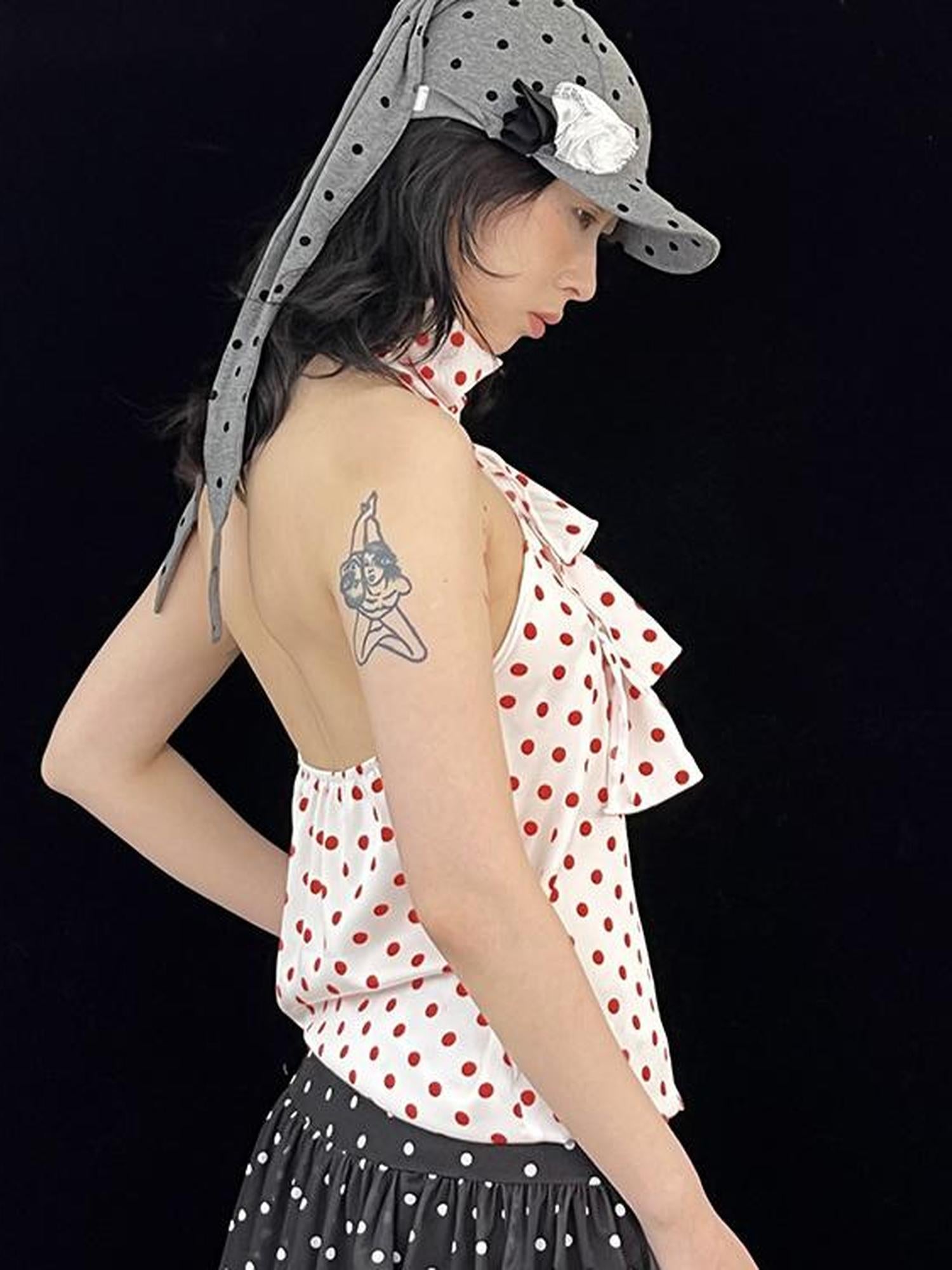 Ttsunami Red White Polka Dot Summer Backless Halter Camisole Top