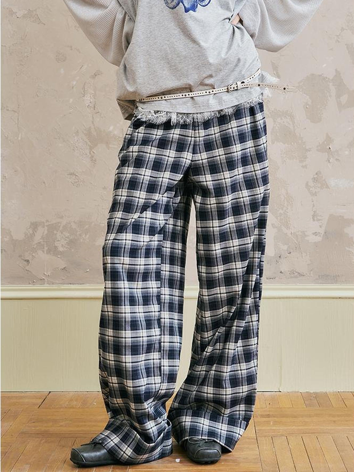 Relaxed Fold Hem Checkered Pants