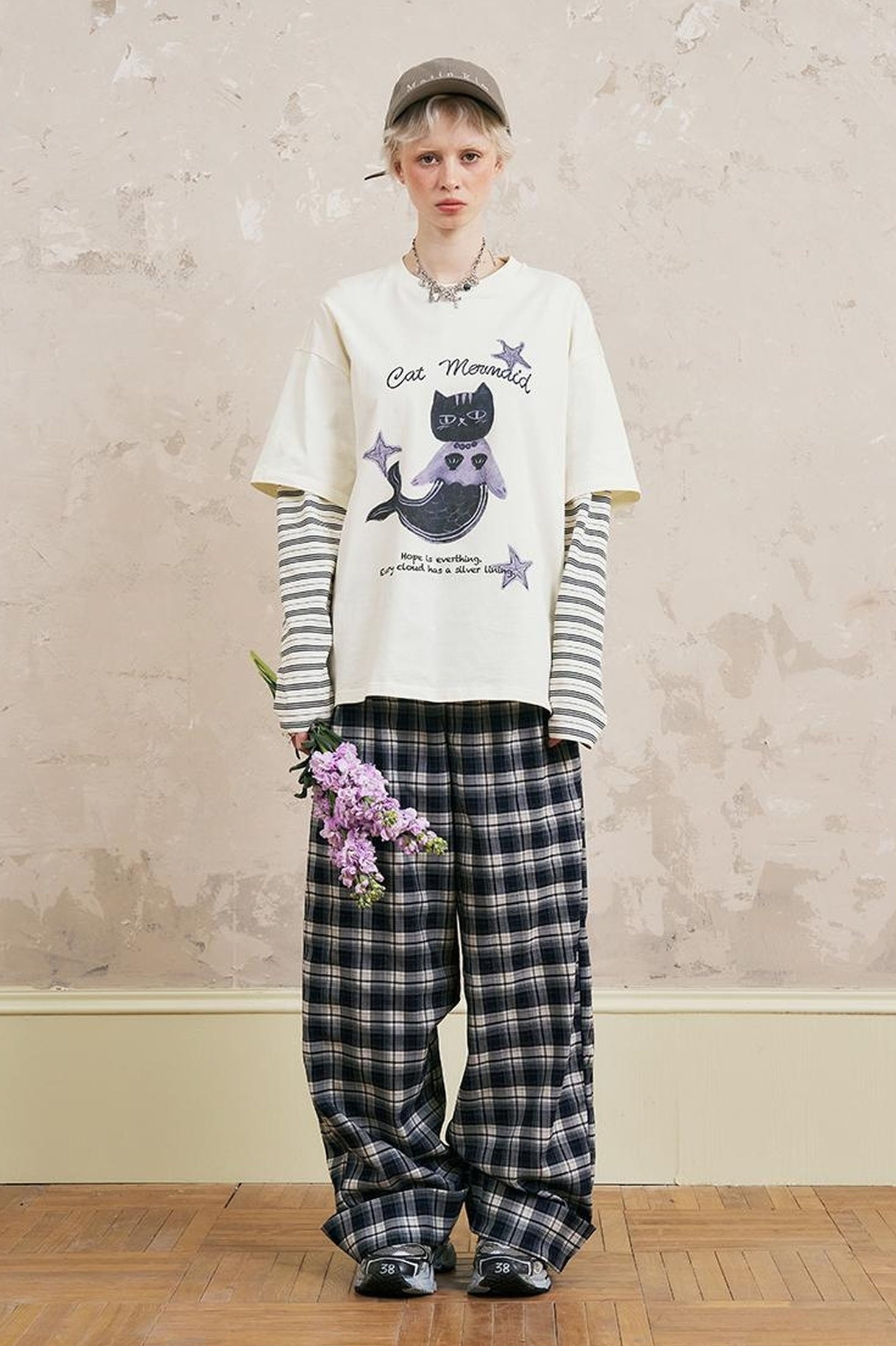 DIDDI MODA Relaxed Fold Hem Checkered Pants