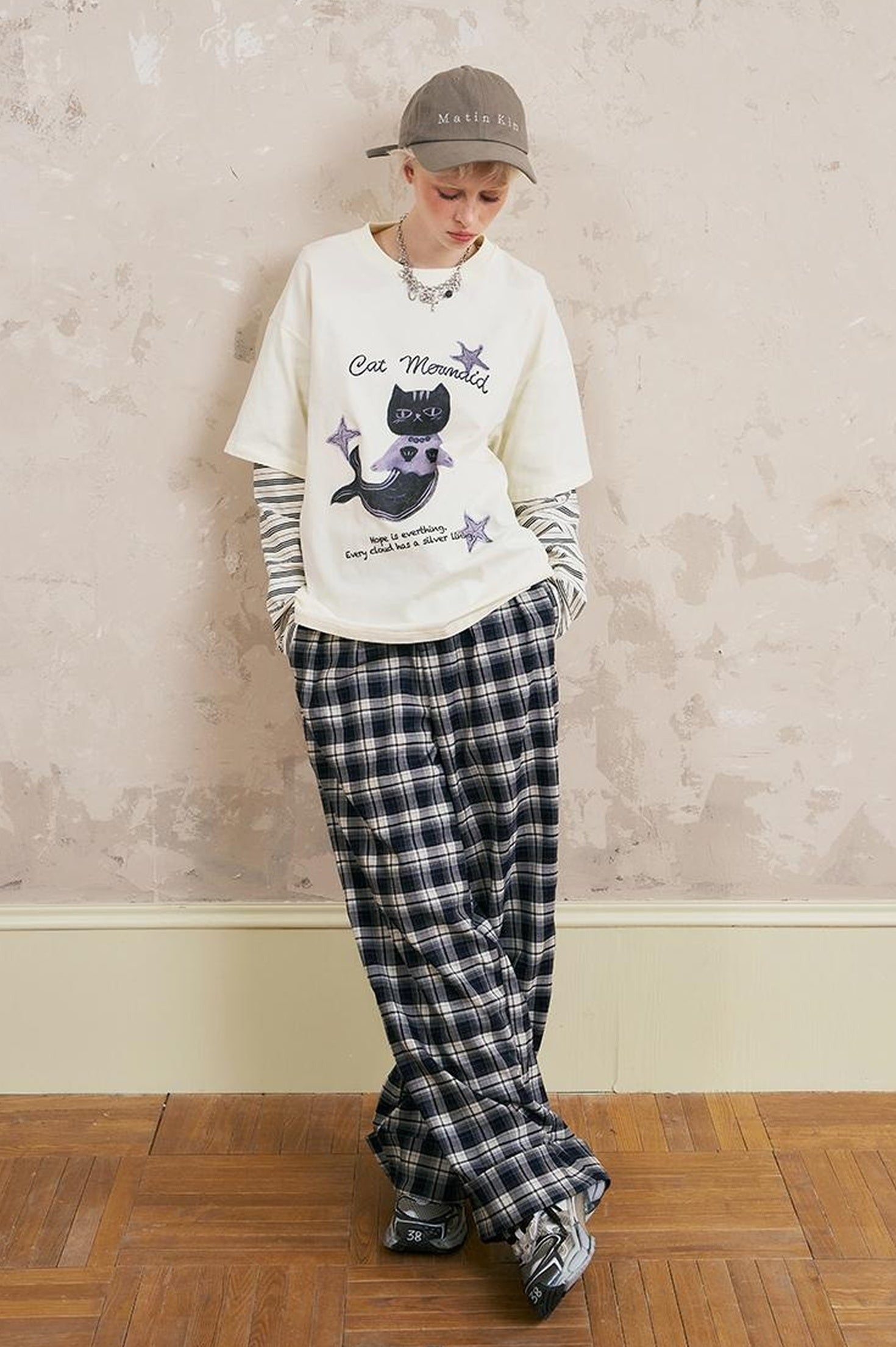 DIDDI MODA Relaxed Fold Hem Checkered Pants