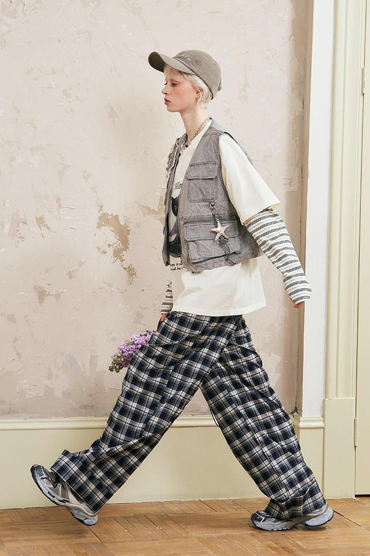 DIDDI MODA Relaxed Fold Hem Checkered Pants