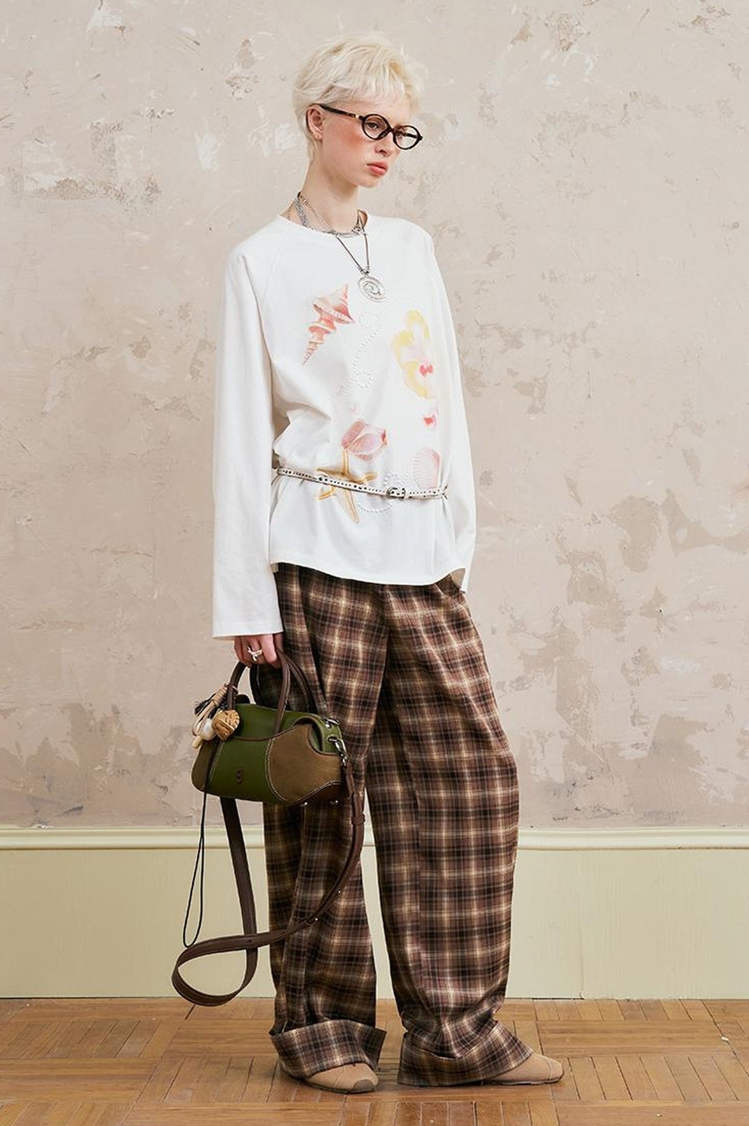 Relaxed Fold Hem Checkered Pants