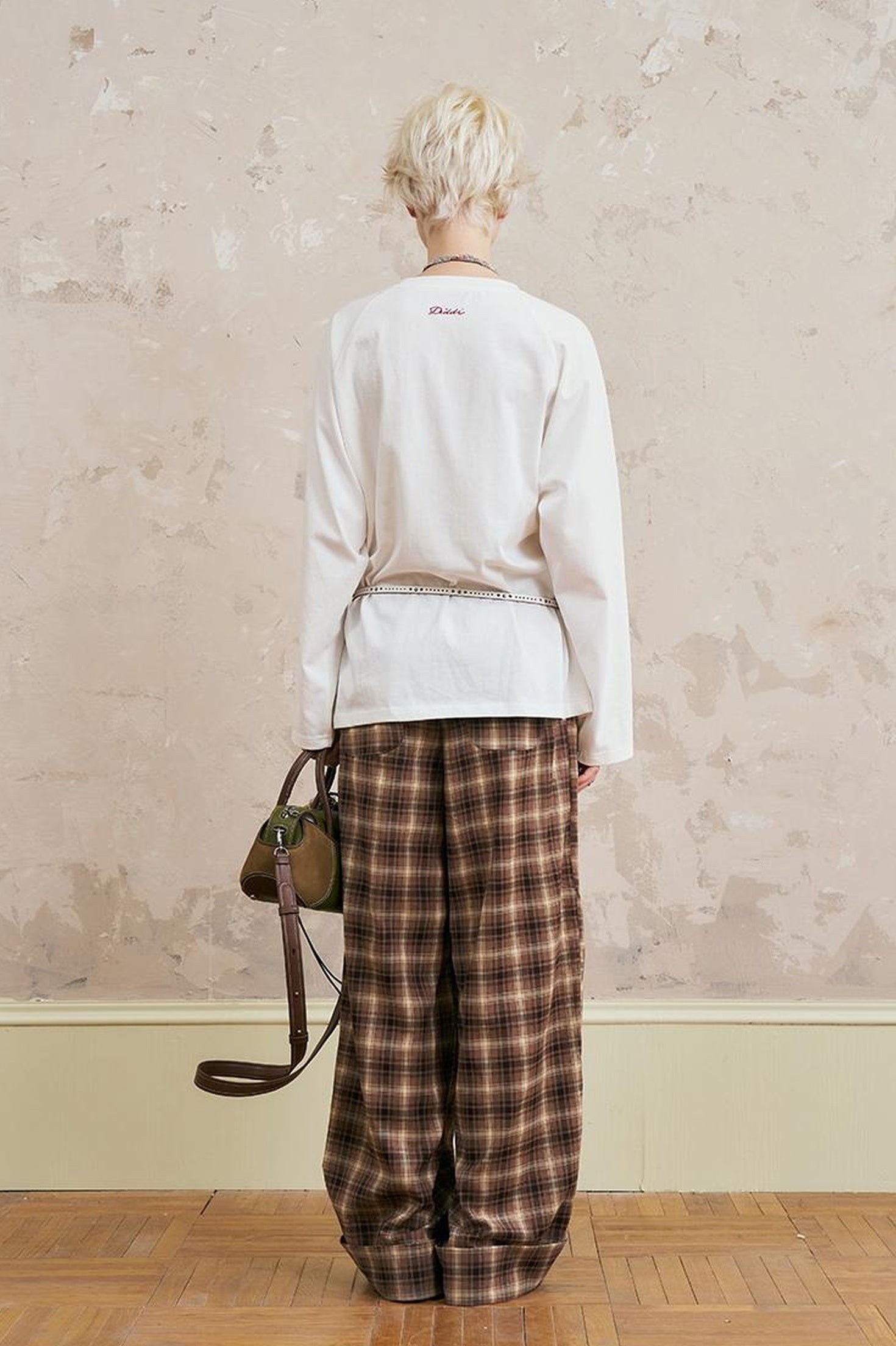 DIDDI MODA Relaxed Fold Hem Checkered Pants