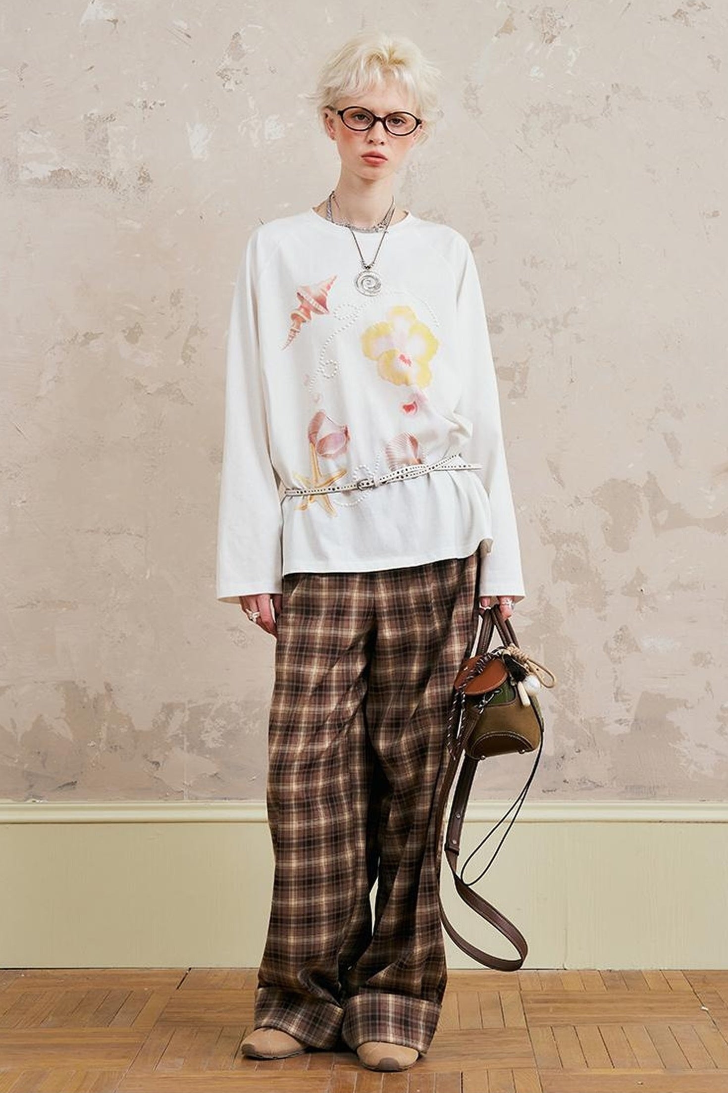 DIDDI MODA Relaxed Fold Hem Checkered Pants