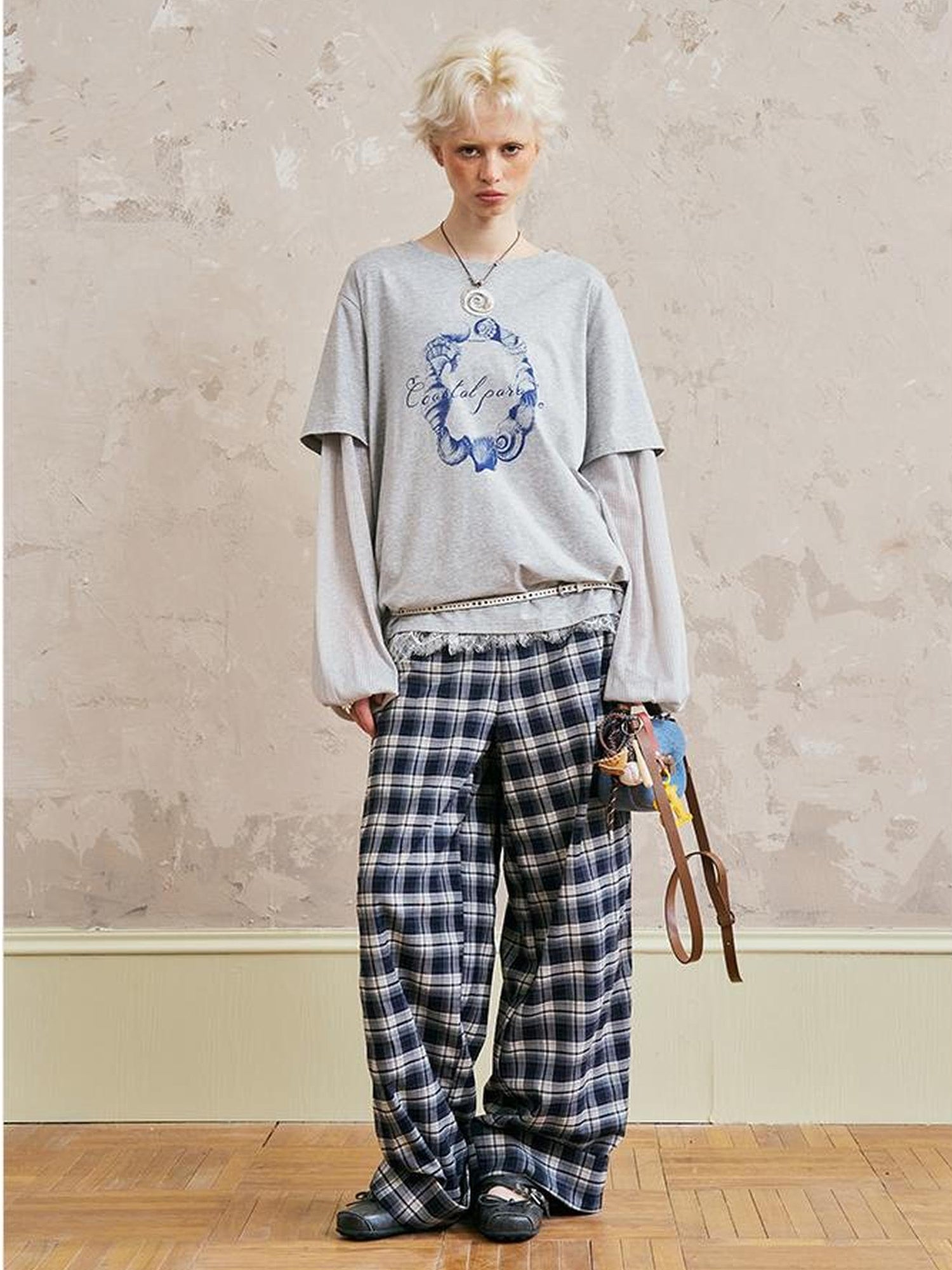 DIDDI MODA Relaxed Fold Hem Checkered Pants