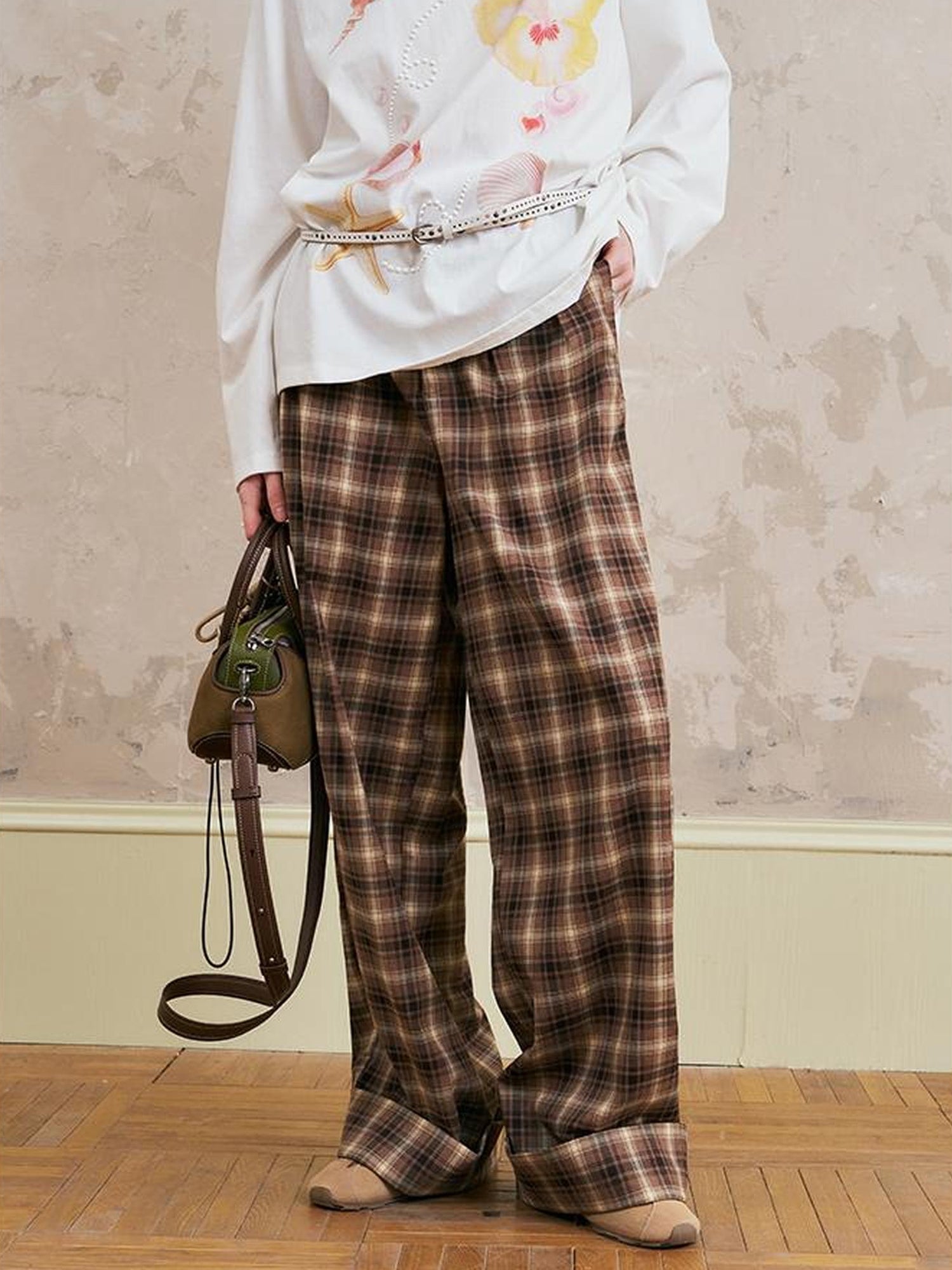 DIDDI MODA Relaxed Fold Hem Checkered Pants