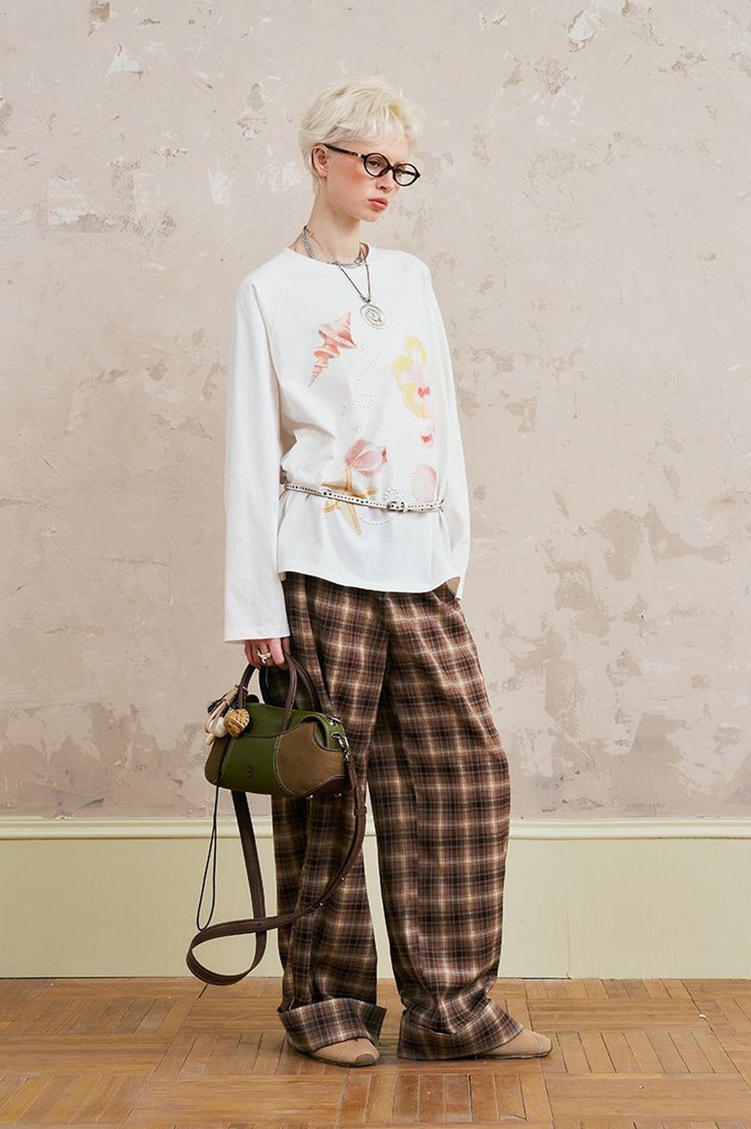 DIDDI MODA Relaxed Fold Hem Checkered Pants