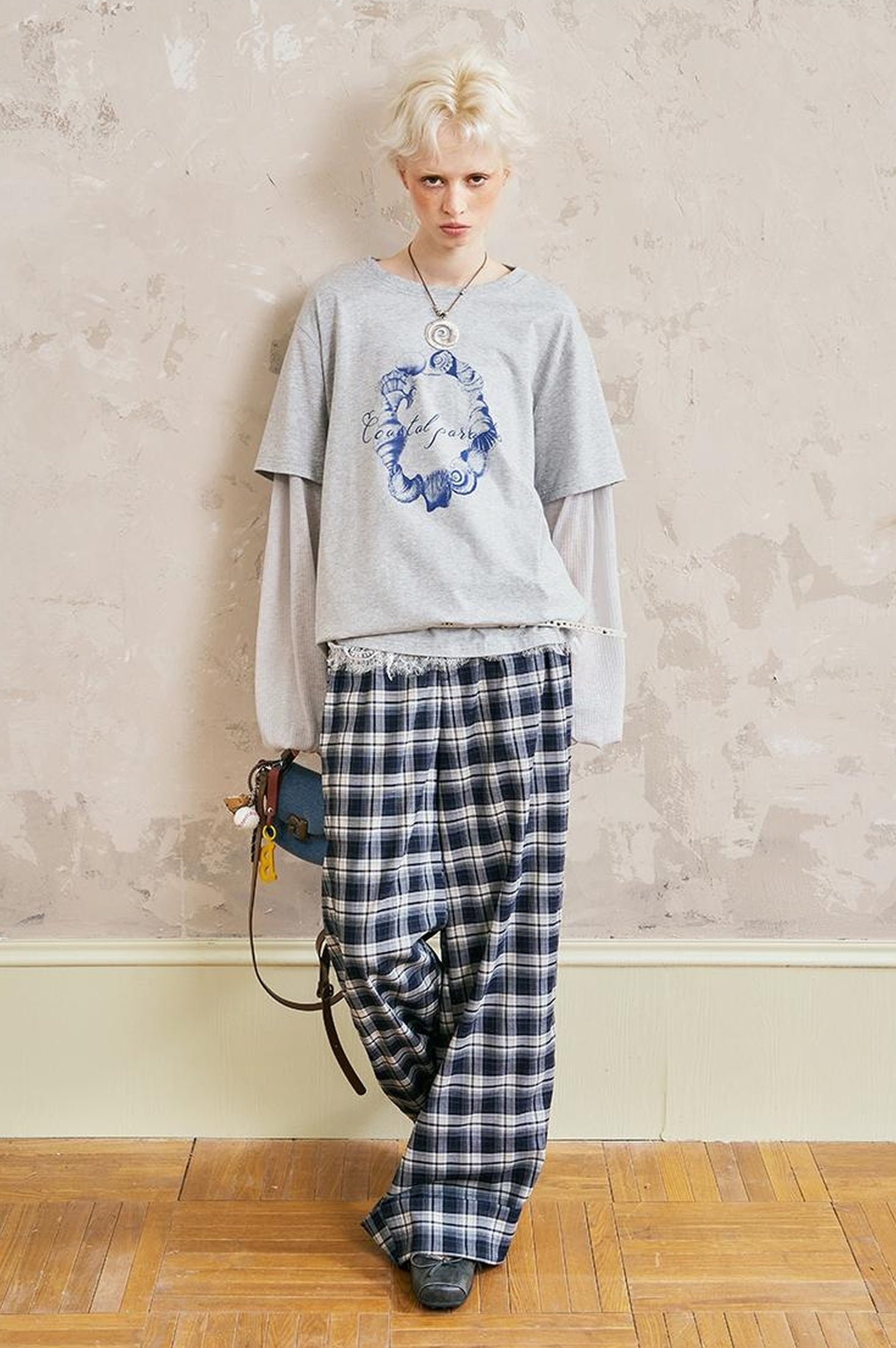 DIDDI MODA Relaxed Fold Hem Checkered Pants