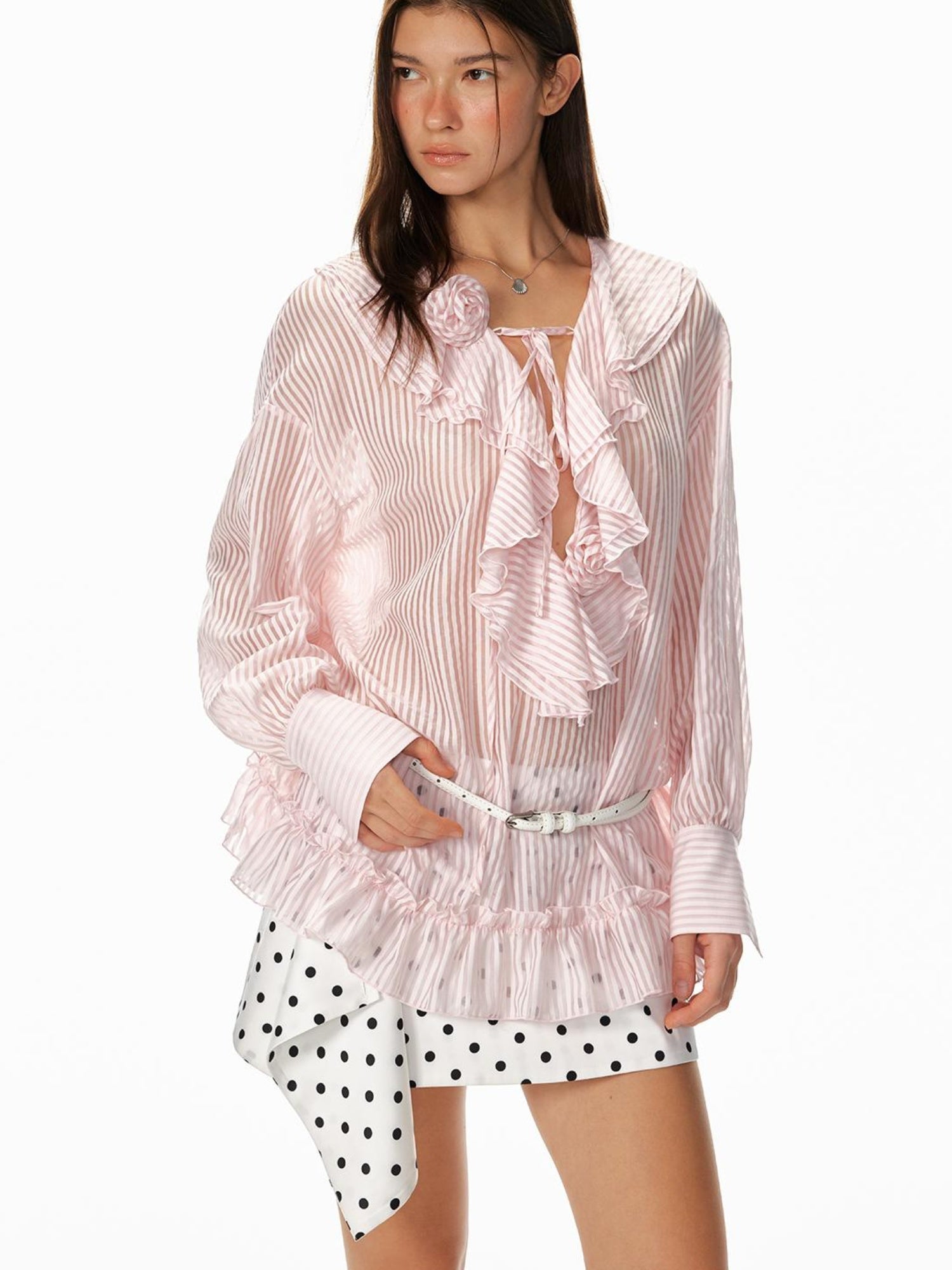 STRIKE A POSE Relaxed V-Neck Flowy Ruffle Stripe Blouse Shirt