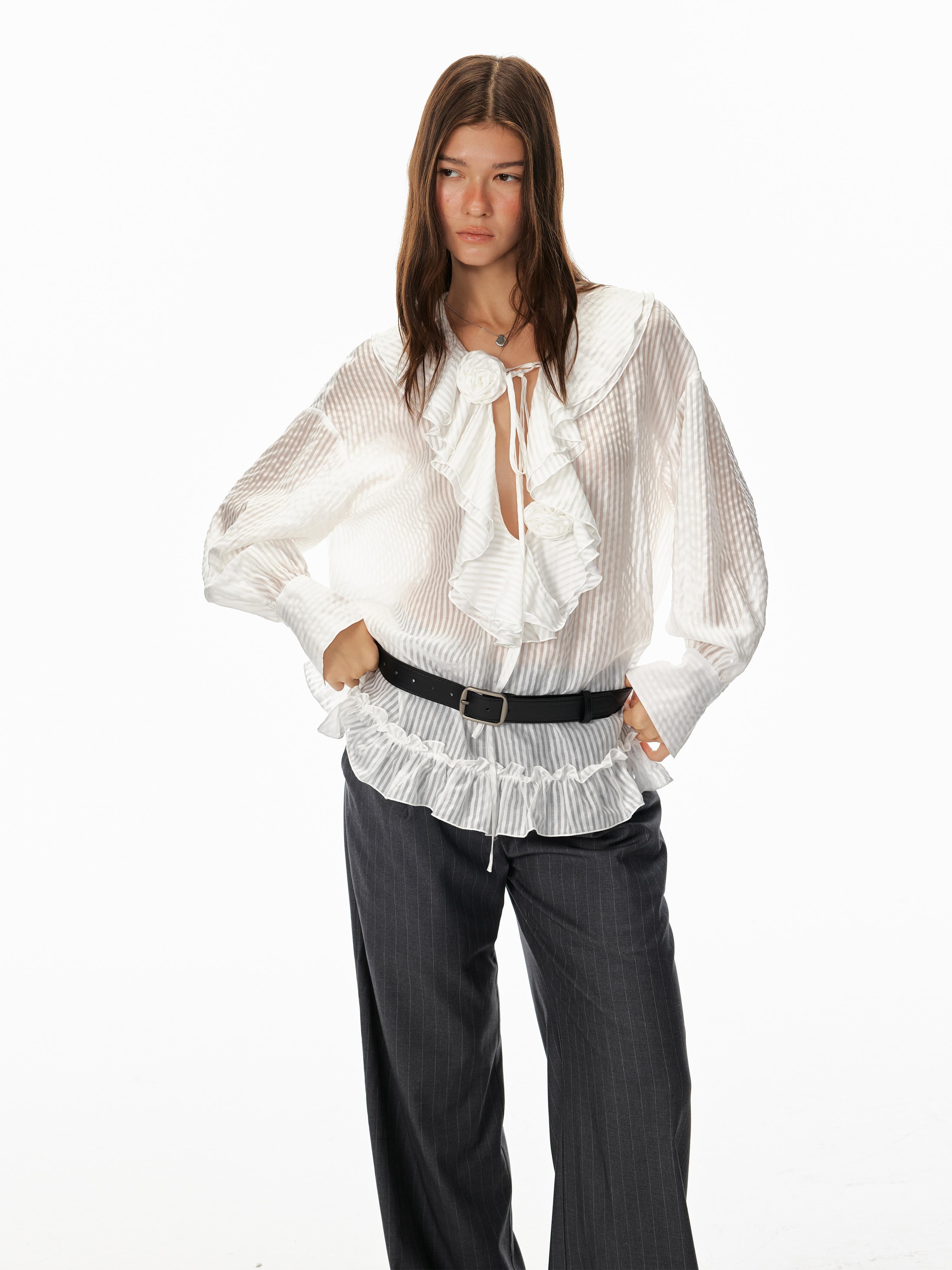 STRIKE A POSE Relaxed V-Neck Flowy Ruffle Stripe Blouse Shirt